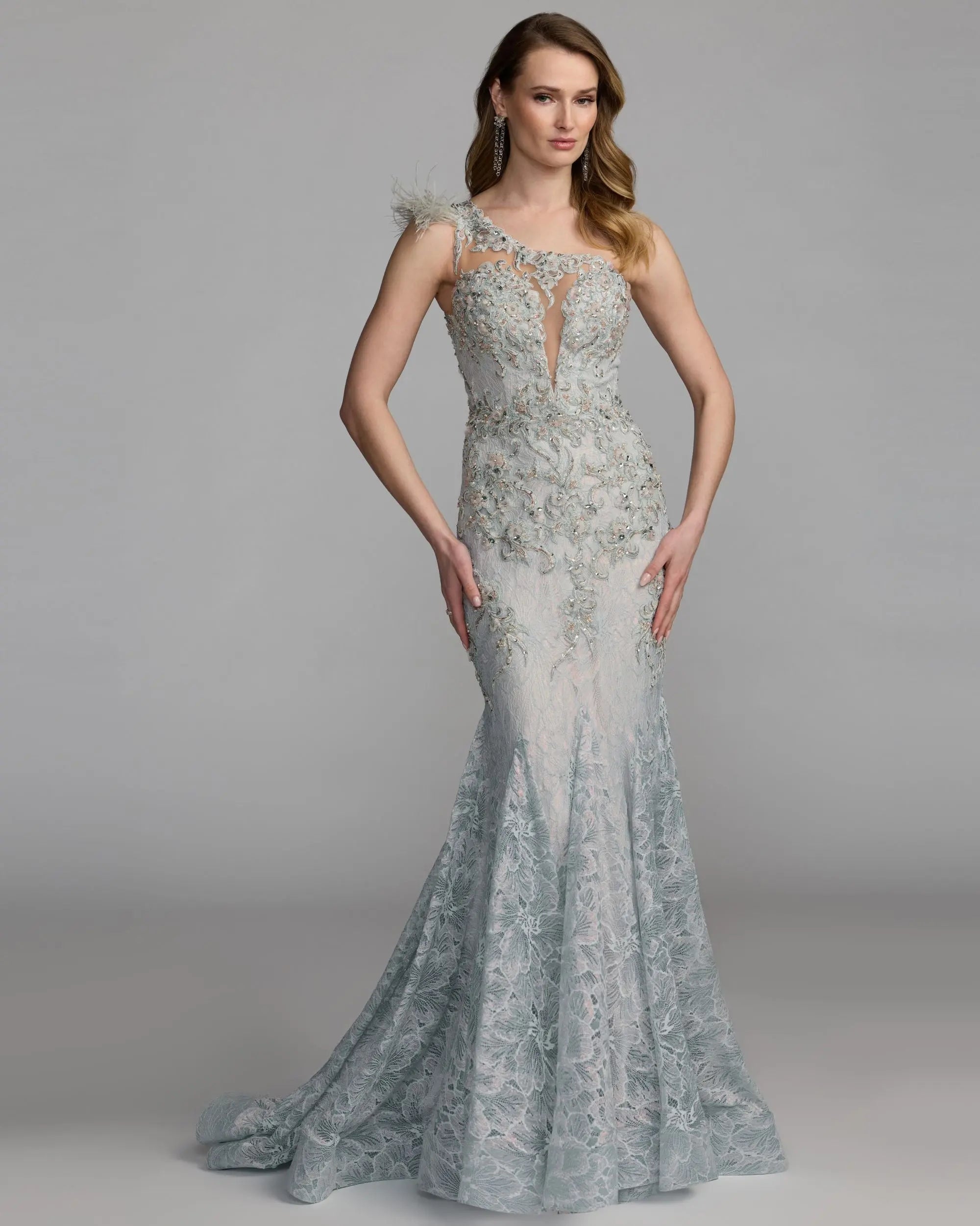 Blue Embellished Lace One Shoulder Gown With Feather Detail - Mac Duggal