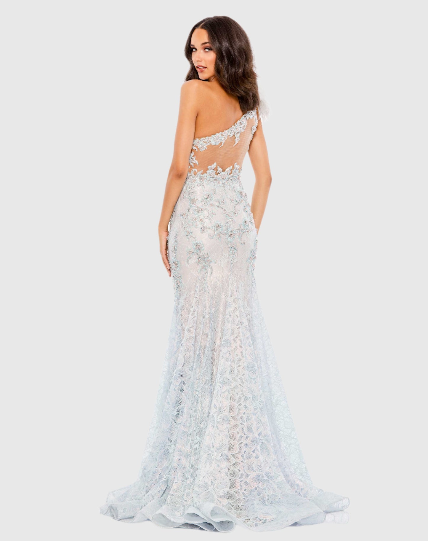 Embroidered Applique Feathered One Shoulder Trumpet Gown