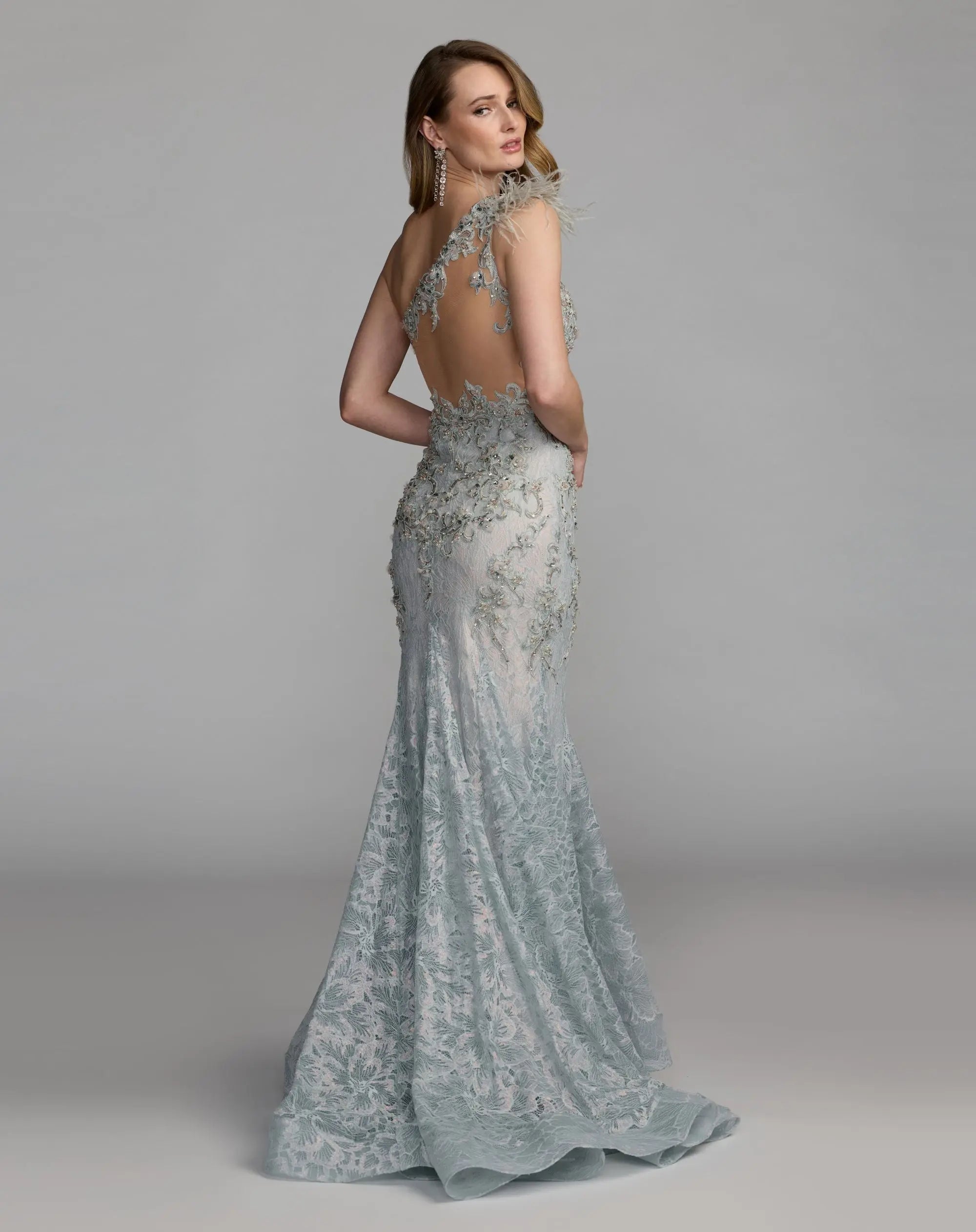 Blue Embellished Lace One Shoulder Gown With Feather Detail - Mac Duggal