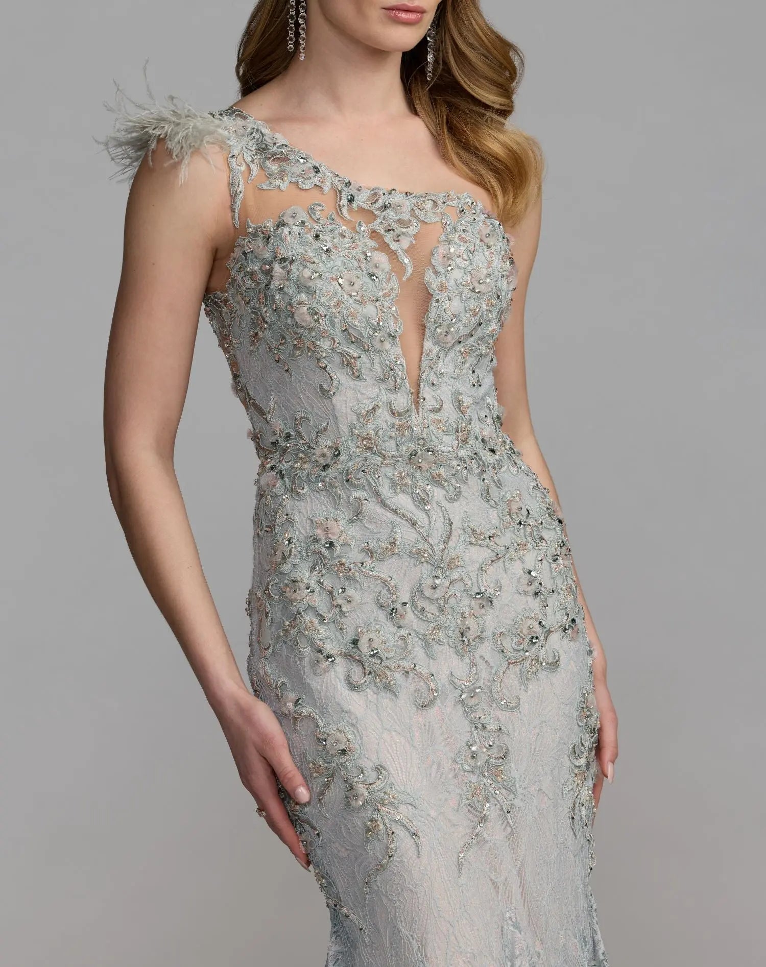Blue Embellished Lace One Shoulder Gown With Feather Detail | Mac Duggal Blue Embellished Lace One Shoulder Gown With Feather Detail | Mac Duggal