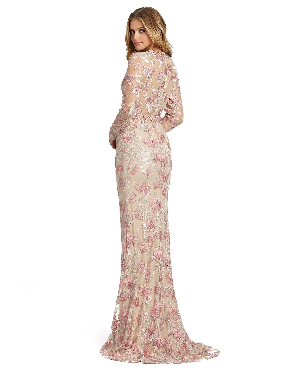 Floral Embroidered Illusion Long Sleeve Trumpet Gown