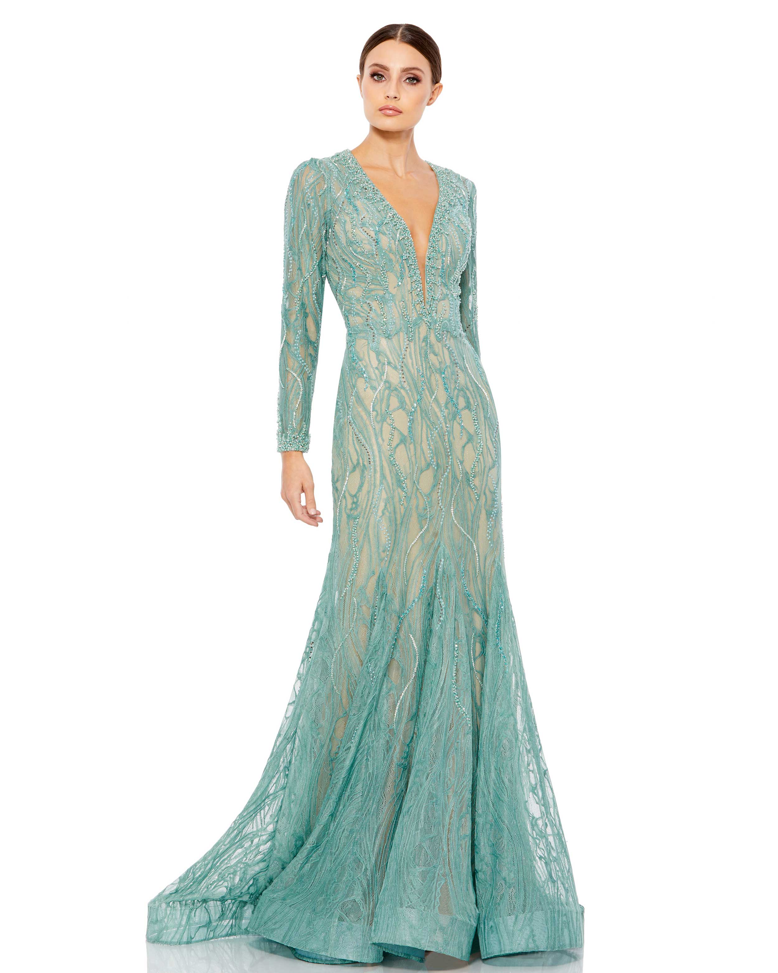 Beaded Illusion Long Sleeve Plunge Neck Gown
