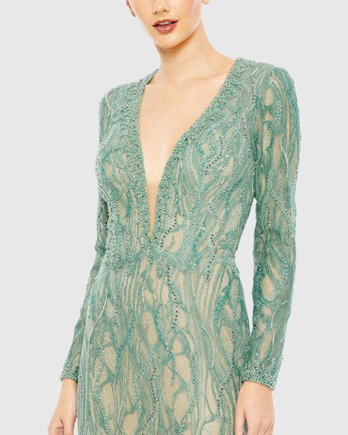 Beaded Illusion Long Sleeve Plunge Neck Gown