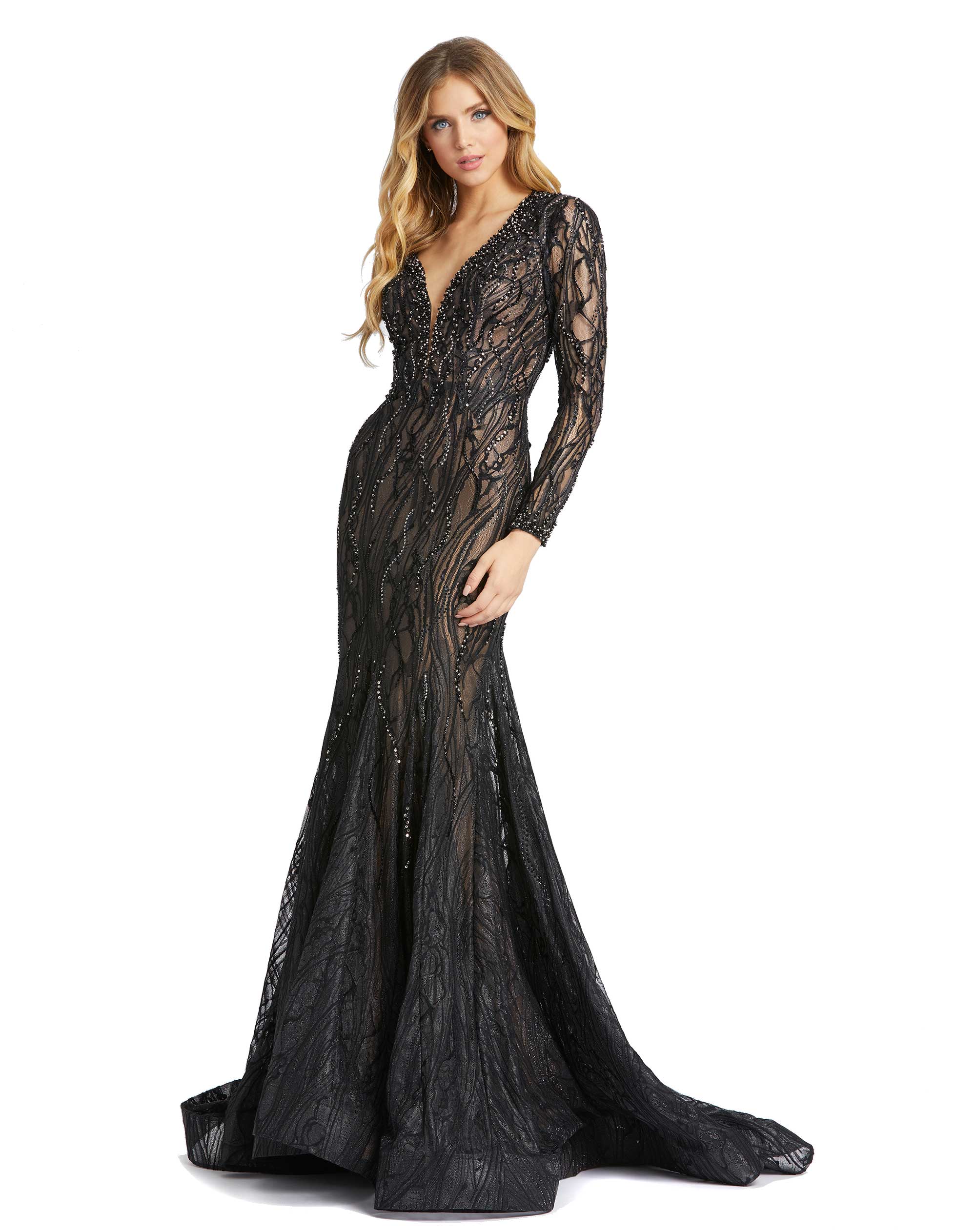 Beaded Illusion Long Sleeve Plunge Neck Gown