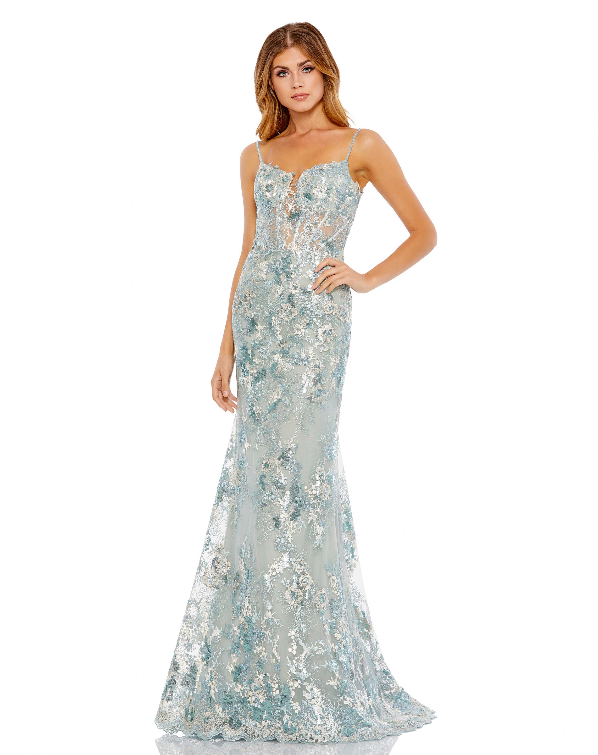 Embroidered Spaghetti Strap Trumpet Gown