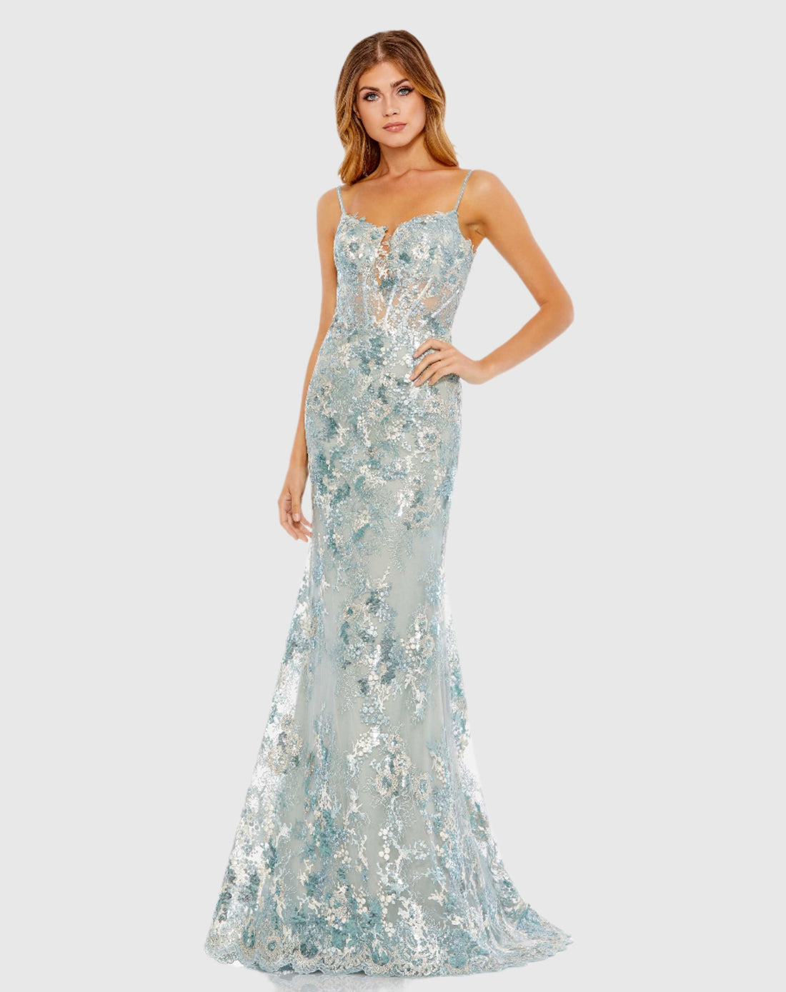 Embroidered Spaghetti Strap Trumpet Gown