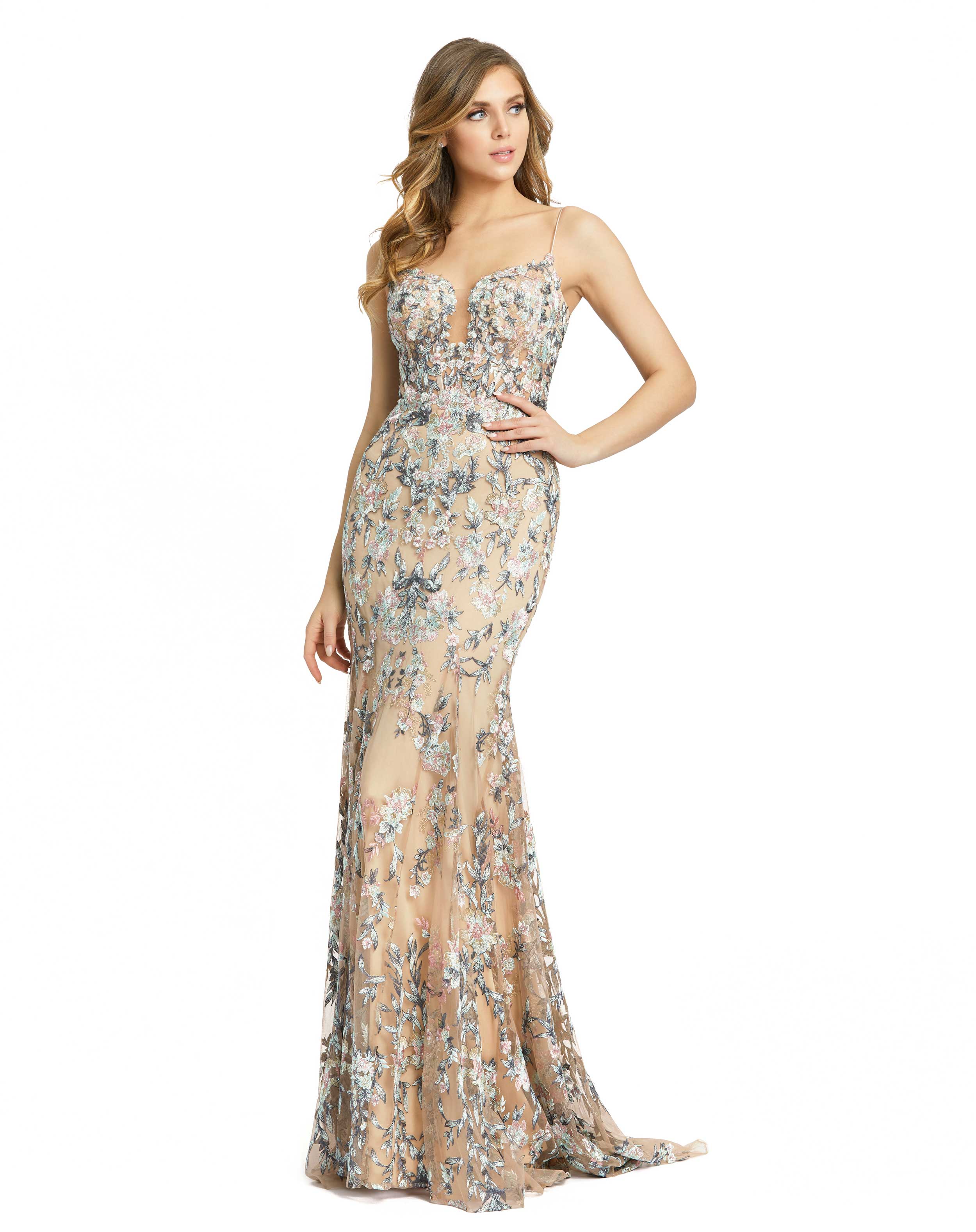 Embroidered Spaghetti Strap Trumpet Gown