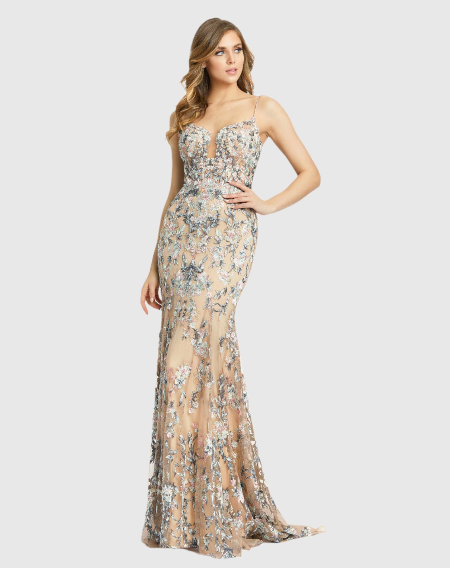 Embroidered Spaghetti Strap Trumpet Gown