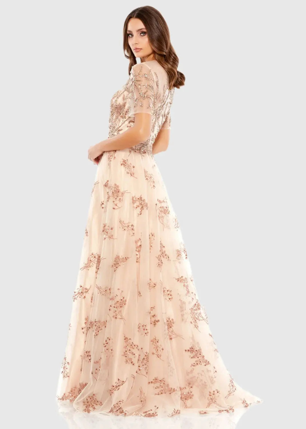 mac duggal champagne dress Embellished Illusion Short Sleeve A Line Gown