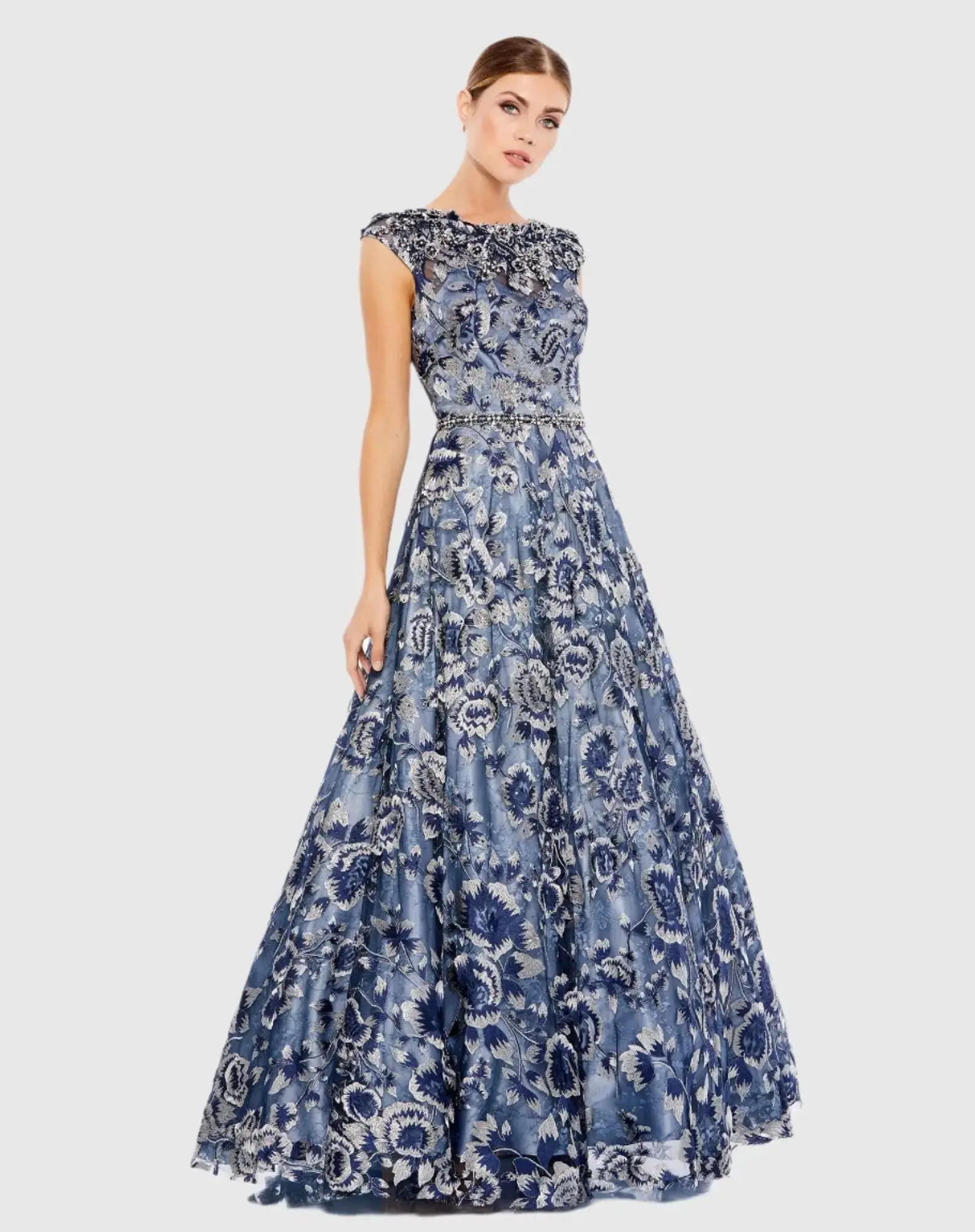 Embellished Cap Sleeve High Neck Ball Gown