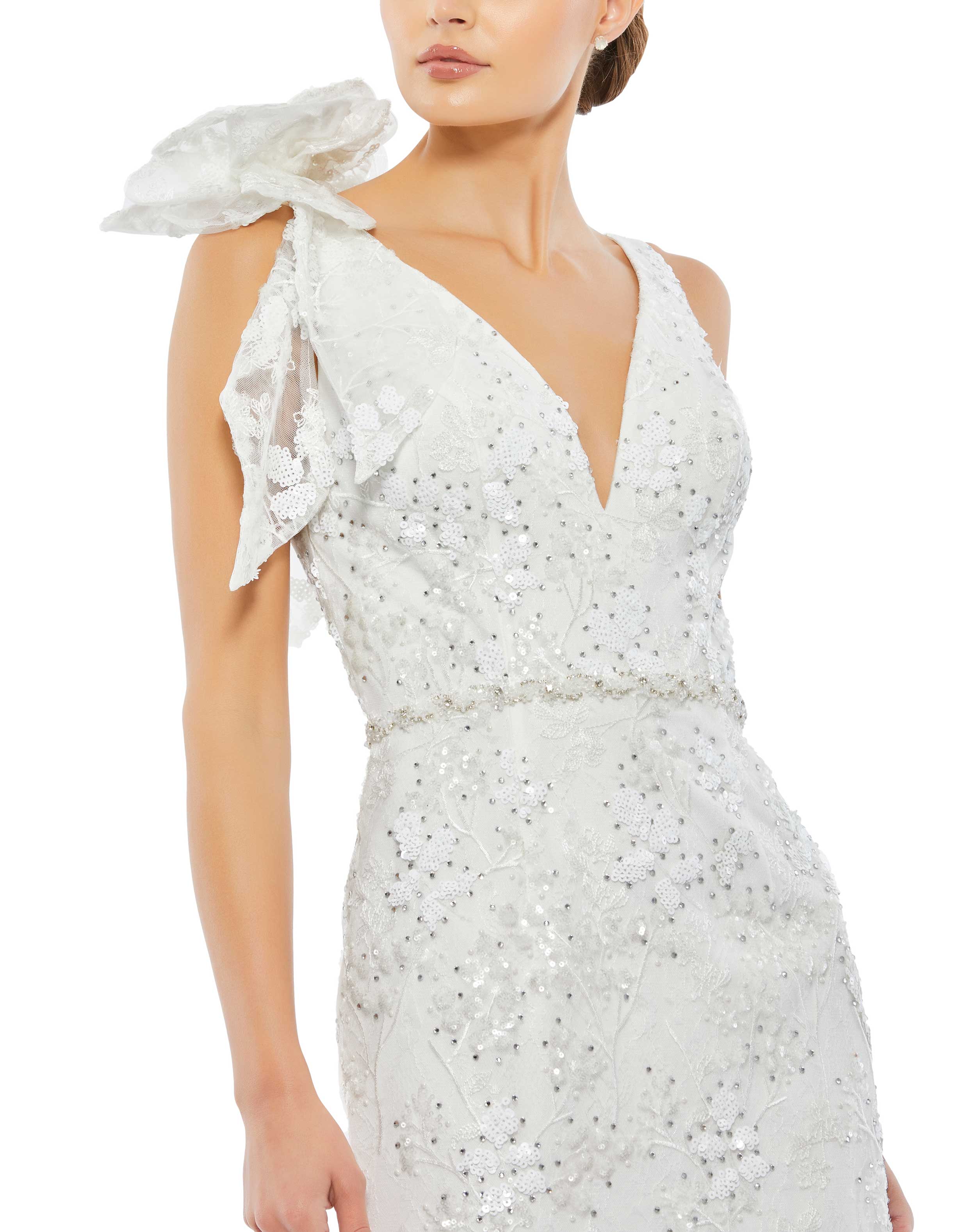 Floral Embellished V-neck Midi Dress with Shoulder Bow - FINAL SALE