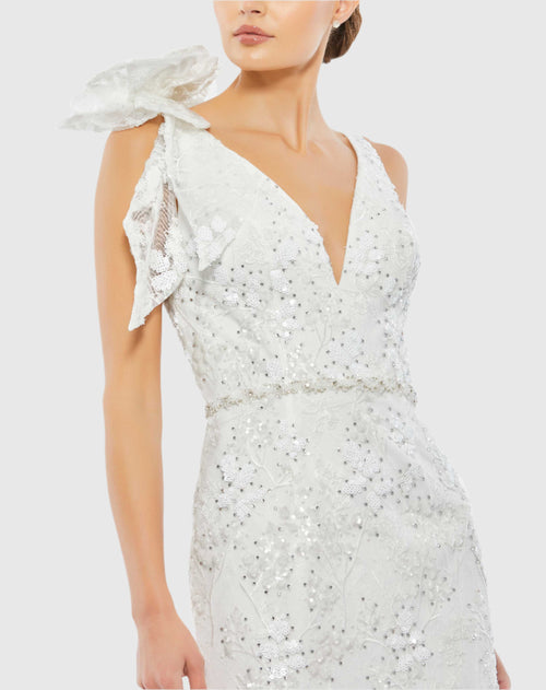 White Floral Embellished V-neck Midi Dress with Shoulder Bow