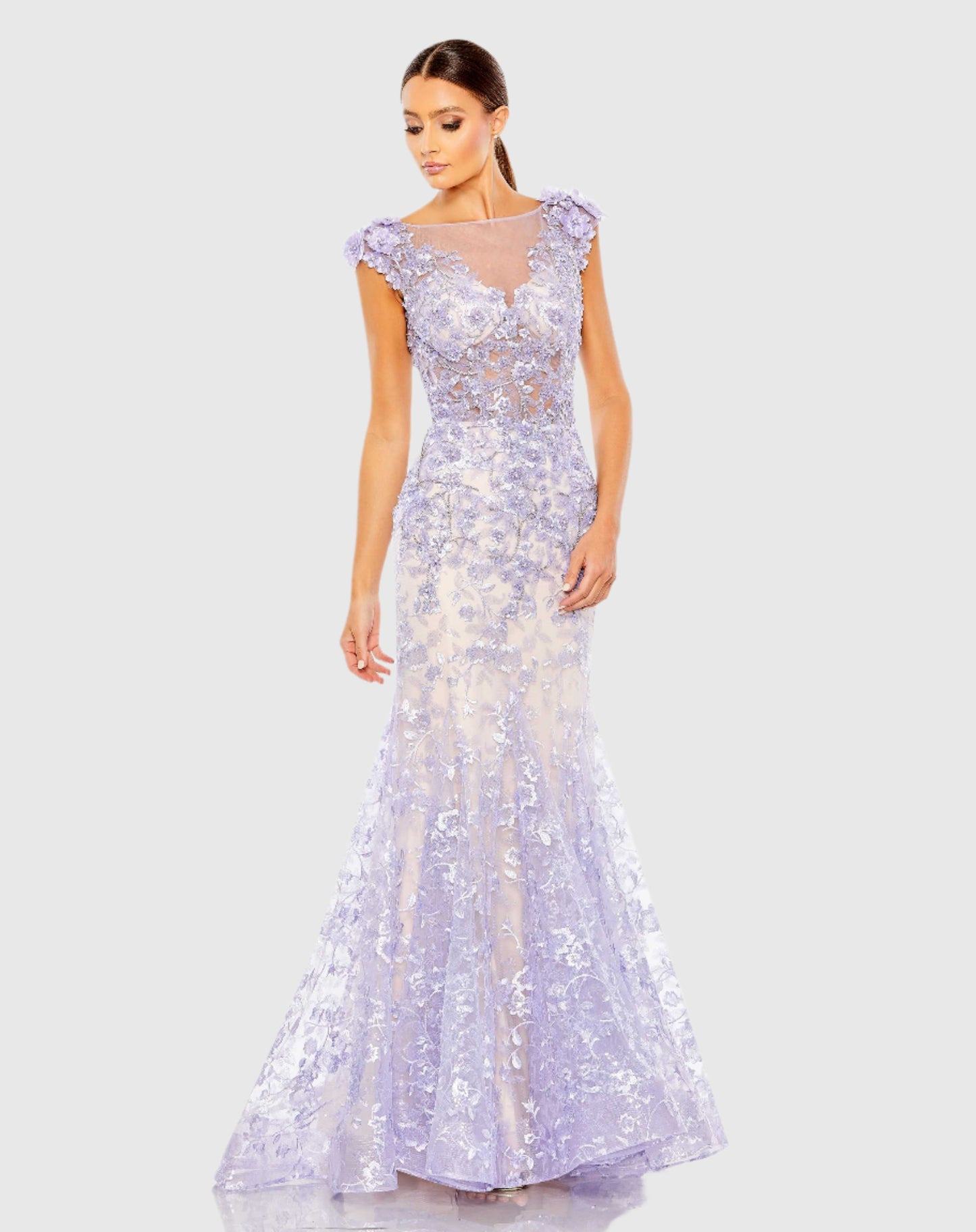 Embellished Cap Sleeve Illusion Neck Trumpet Gown