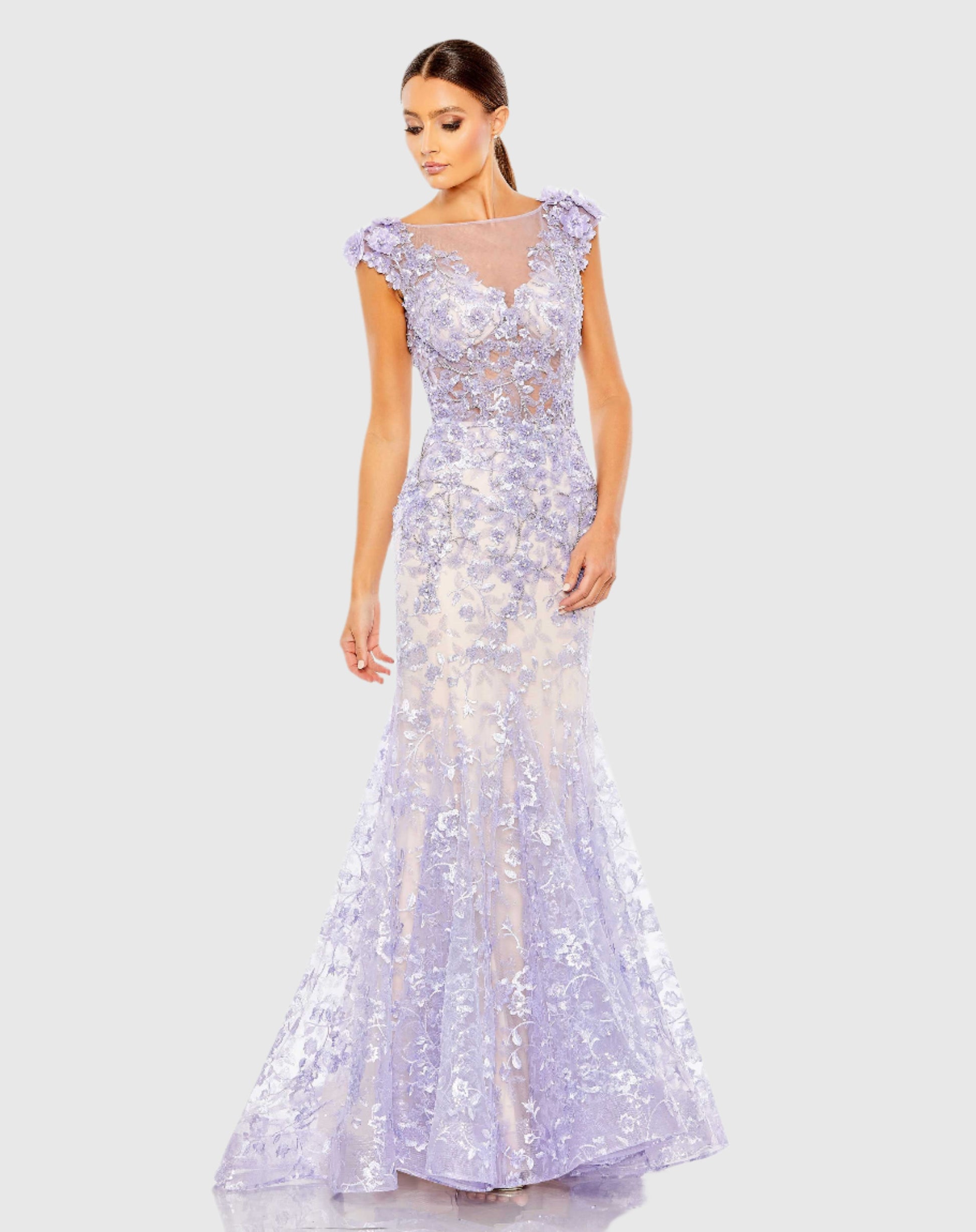 Embellished Cap Sleeve Illusion Neck Trumpet Gown