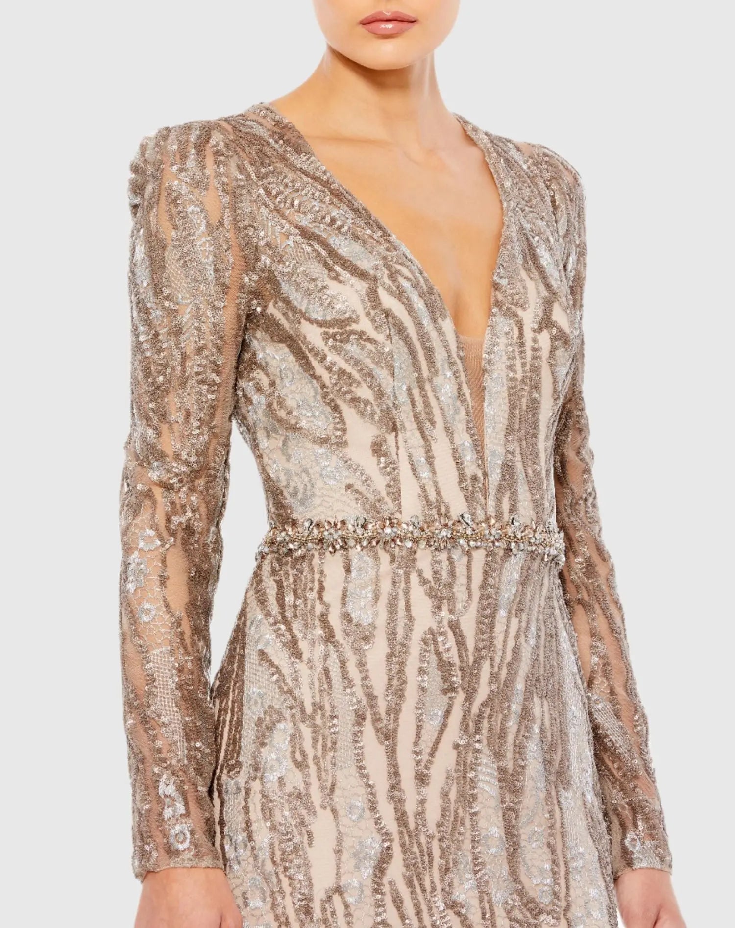 Embellished Long Sleeve Plunge Neck Trumpet Gown - Mac Duggal Taupe / US 12 Embellished Long Sleeve Plunge Neck Trumpet Gown - Mac Duggal Taupe / US 12
