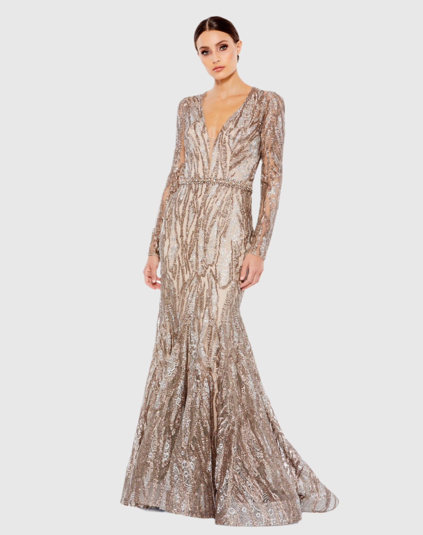 Embellished Long Sleeve Plunge Neck Trumpet Gown