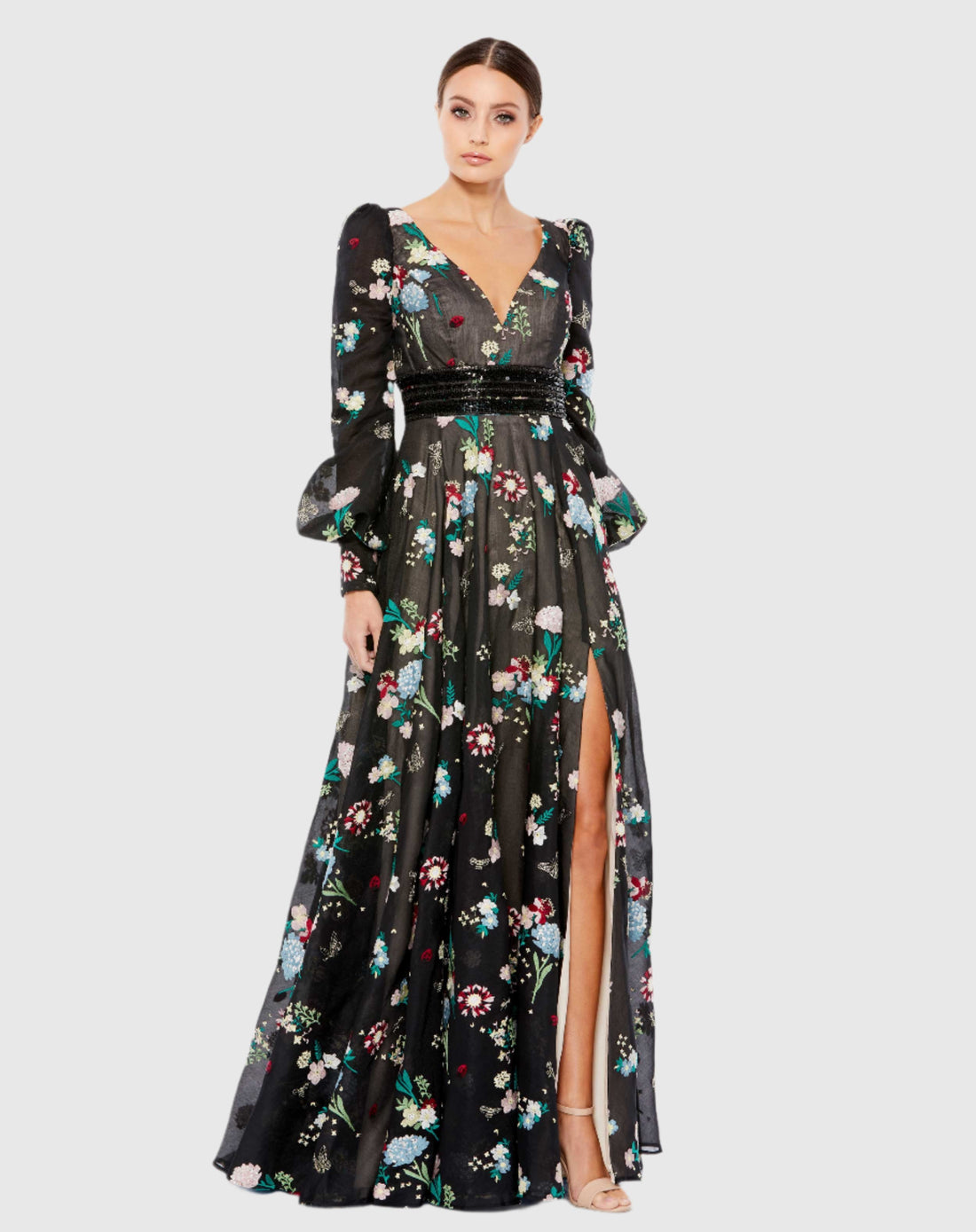 Embroidered Bishop Sleeve V Neck Flowy Gown