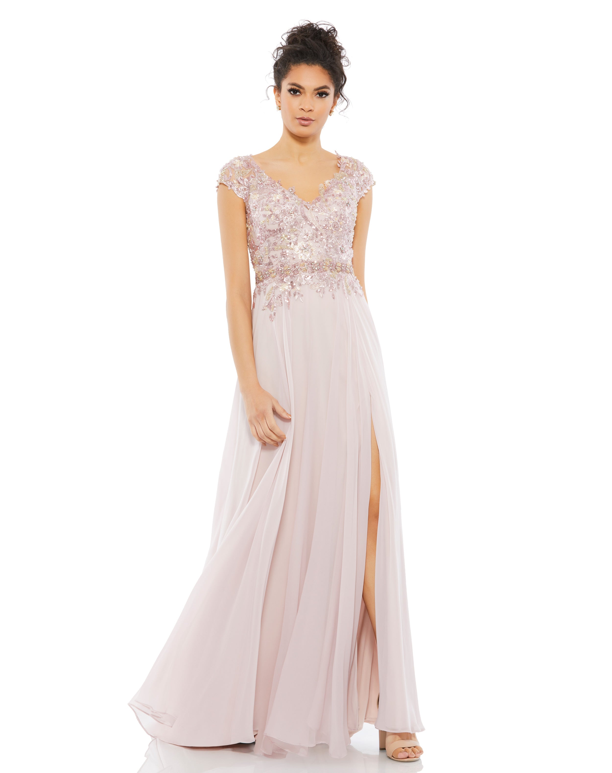 Embellished Cap Sleeve Bodice Flowy Gown