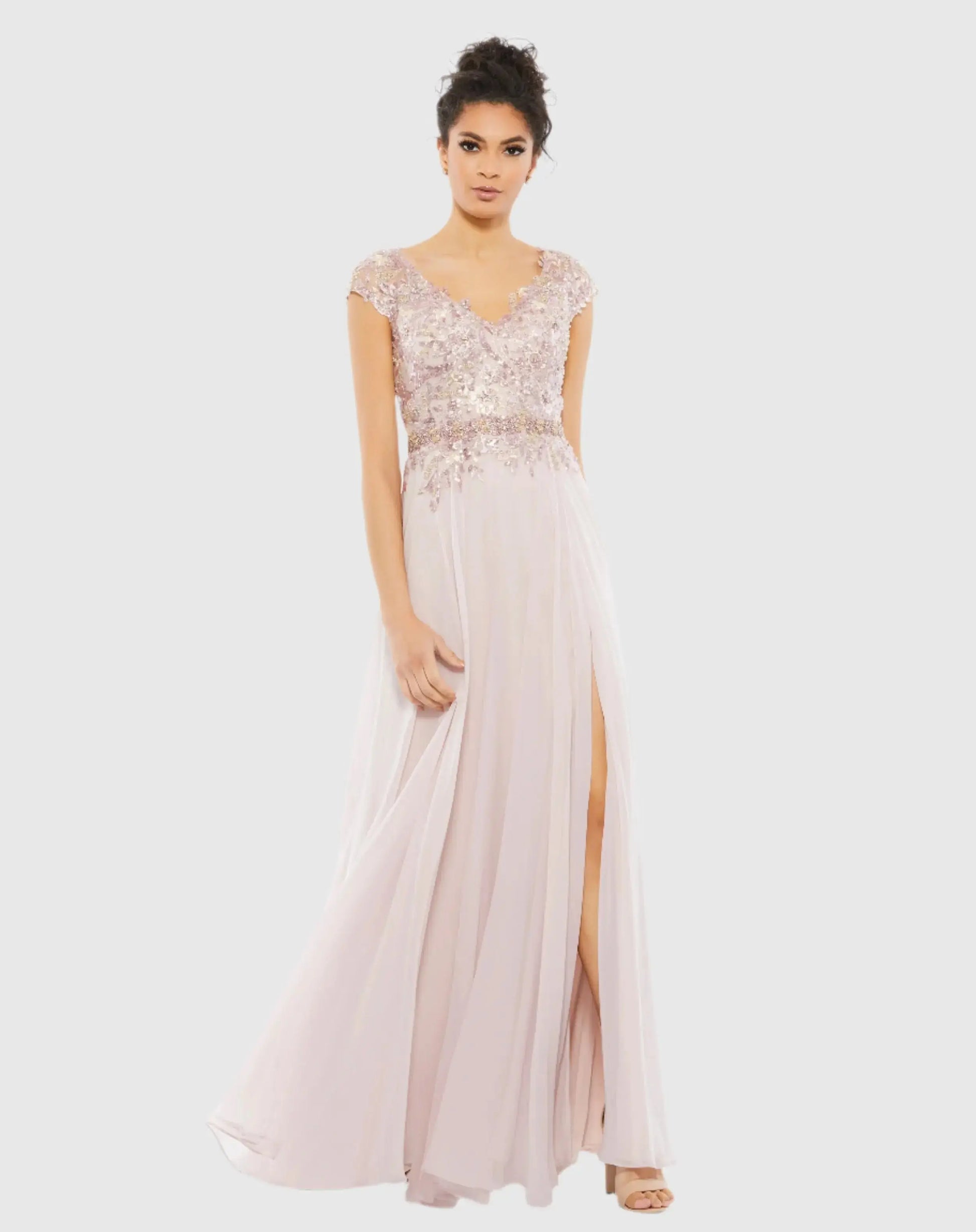 Pink Embellished Cap Sleeve Bodice Flowy Gown - Mac Duggal Pink Embellished Cap Sleeve Bodice Flowy Gown - Mac Duggal