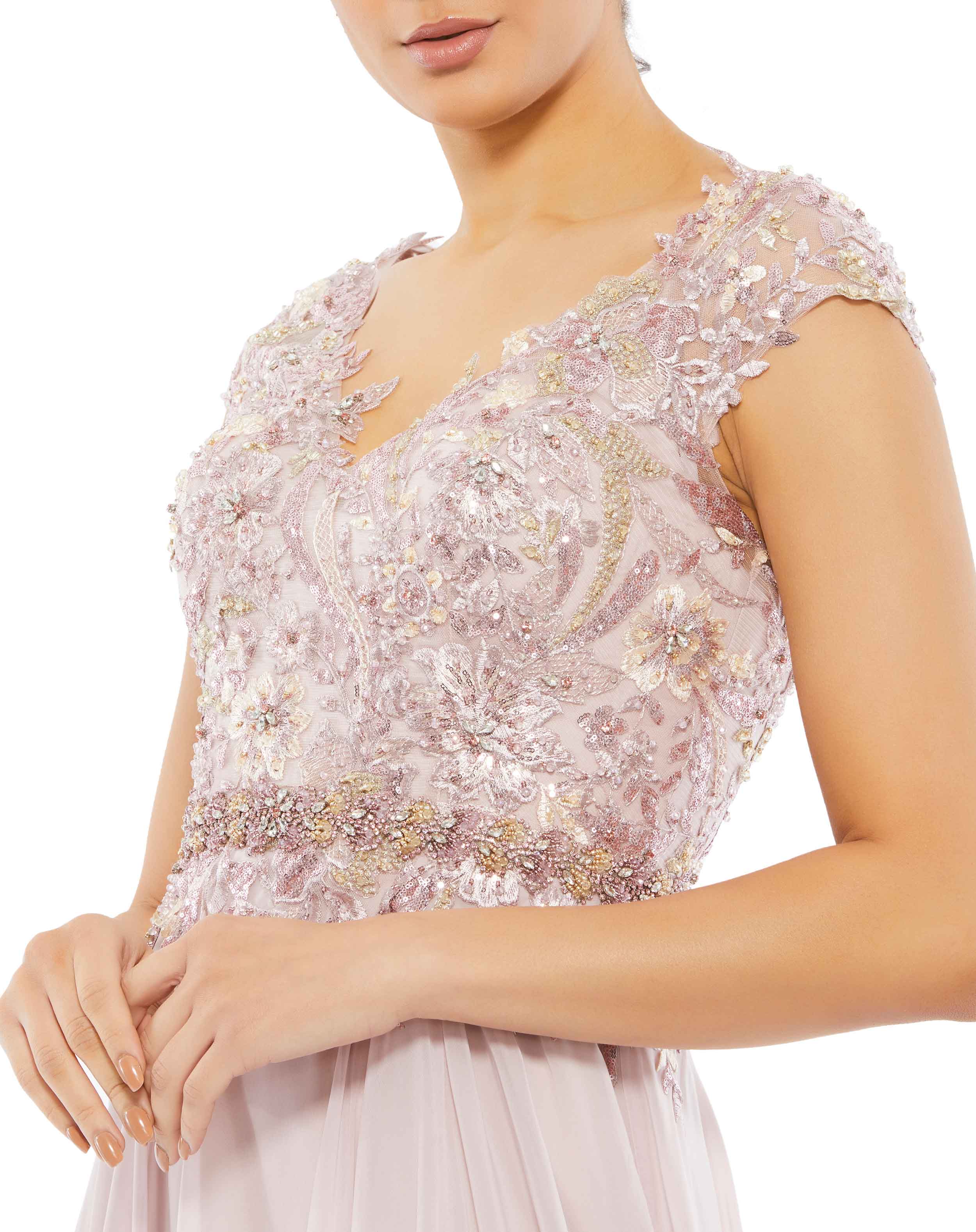 Embellished Cap Sleeve Bodice Flowy Gown