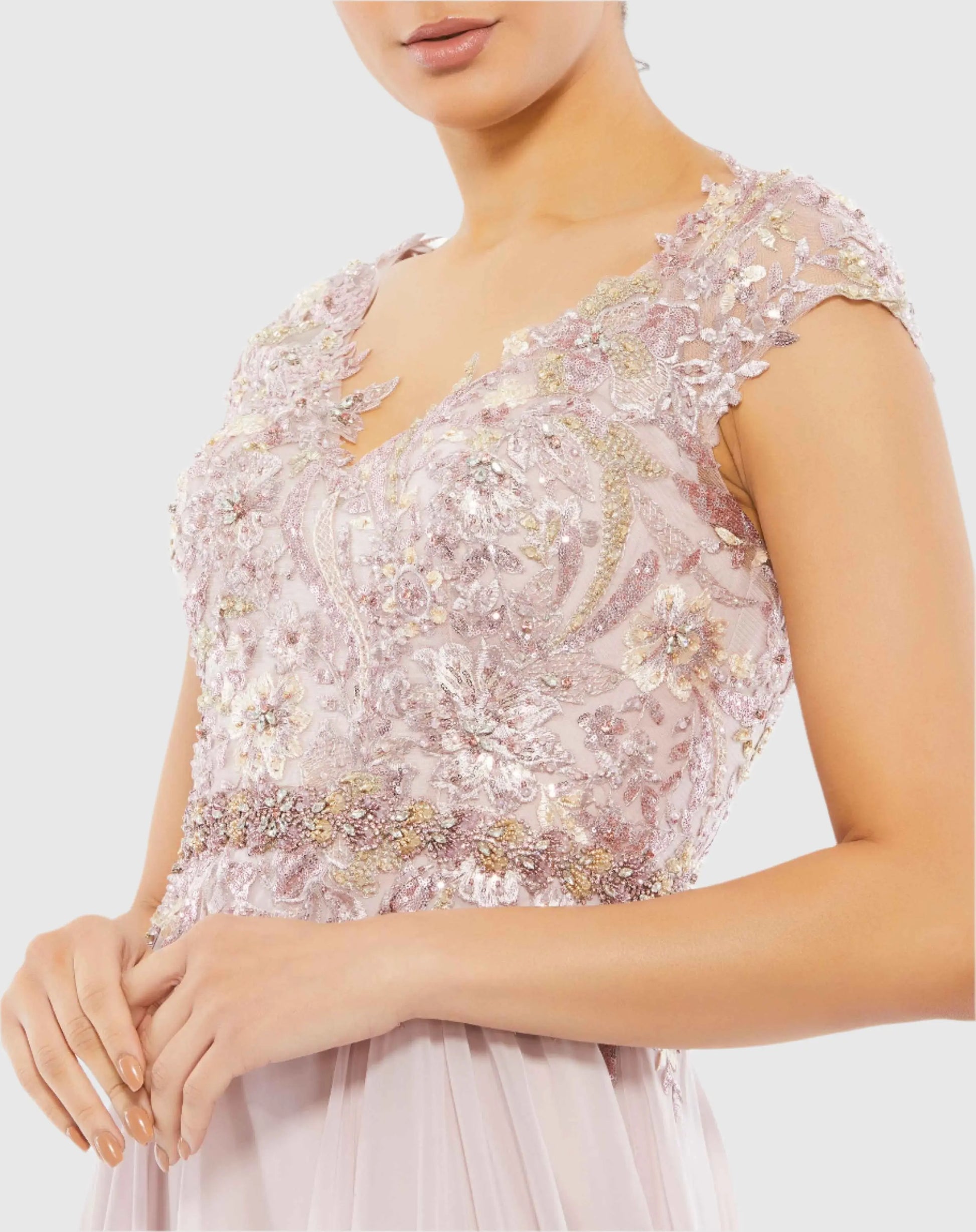 Pink Embellished Cap Sleeve Bodice Flowy Gown - Mac Duggal Pink Embellished Cap Sleeve Bodice Flowy Gown - Mac Duggal