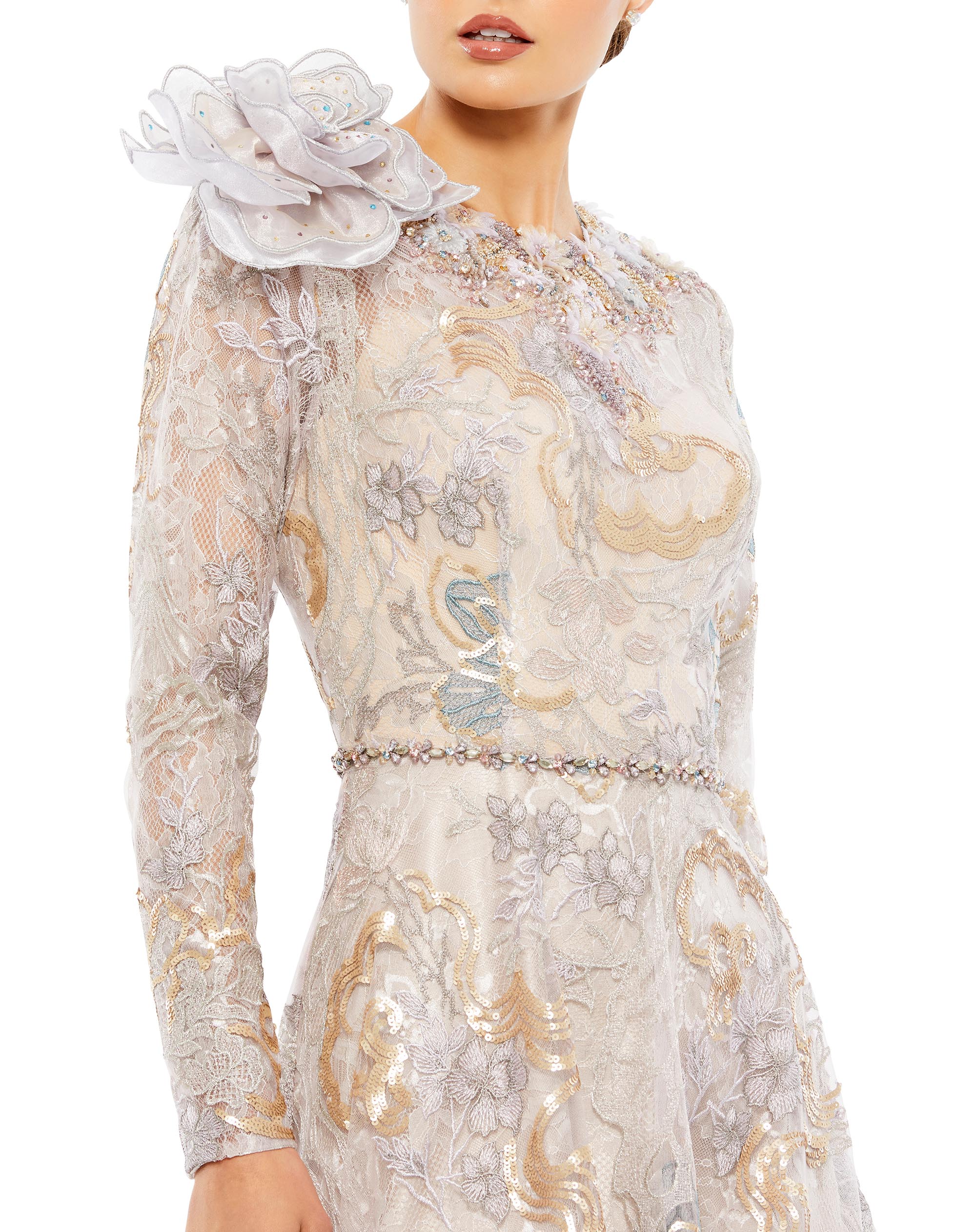Embellished Long Sleeve High Neck Rose Applique Gown