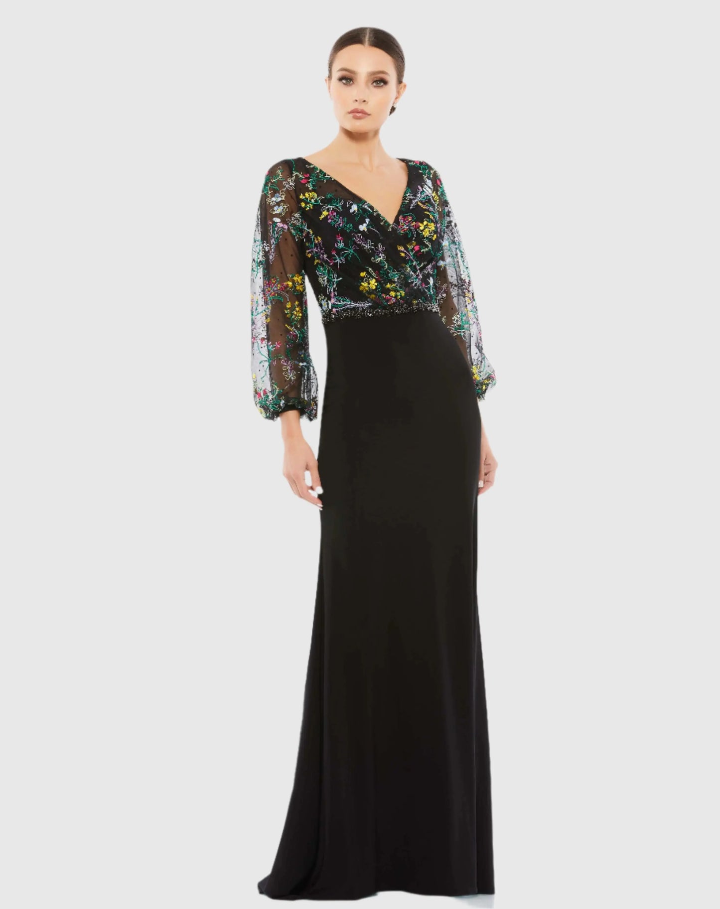 Black Embroidered Illusion Puff Sleeve Gown - Mac Duggal