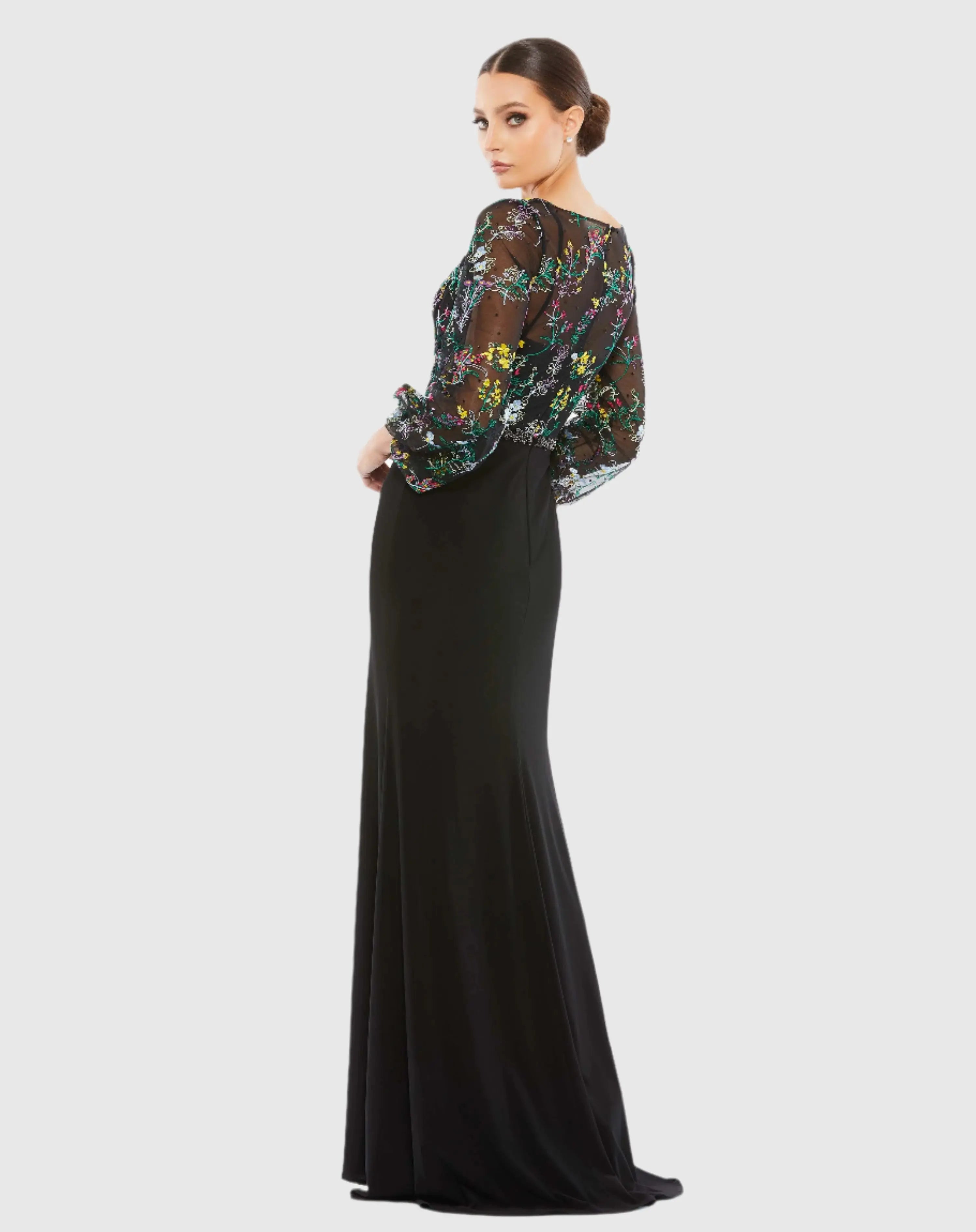 Black Embroidered Illusion Puff Sleeve Gown - Mac Duggal