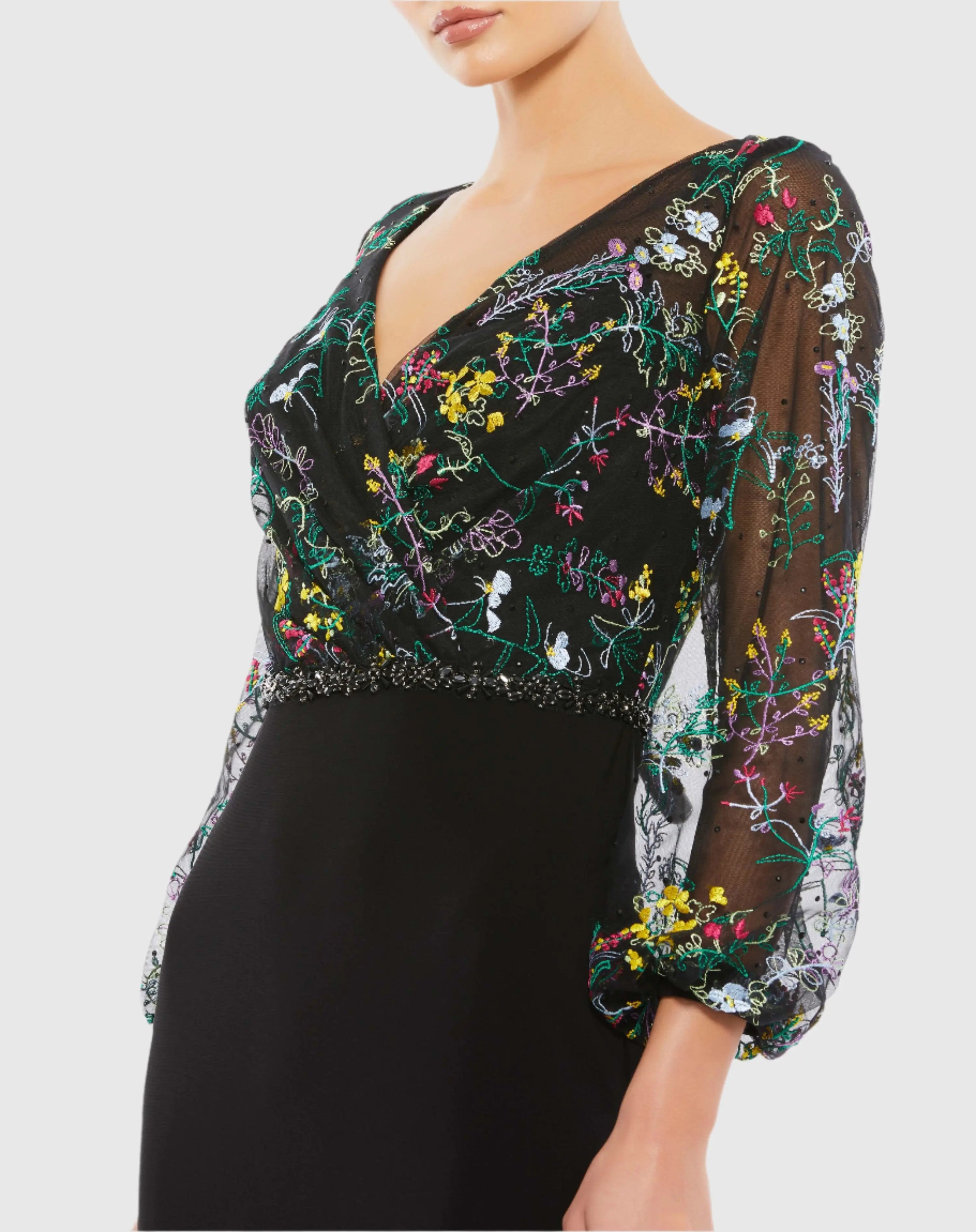 Black Embroidered Illusion Puff Sleeve Gown - Mac Duggal