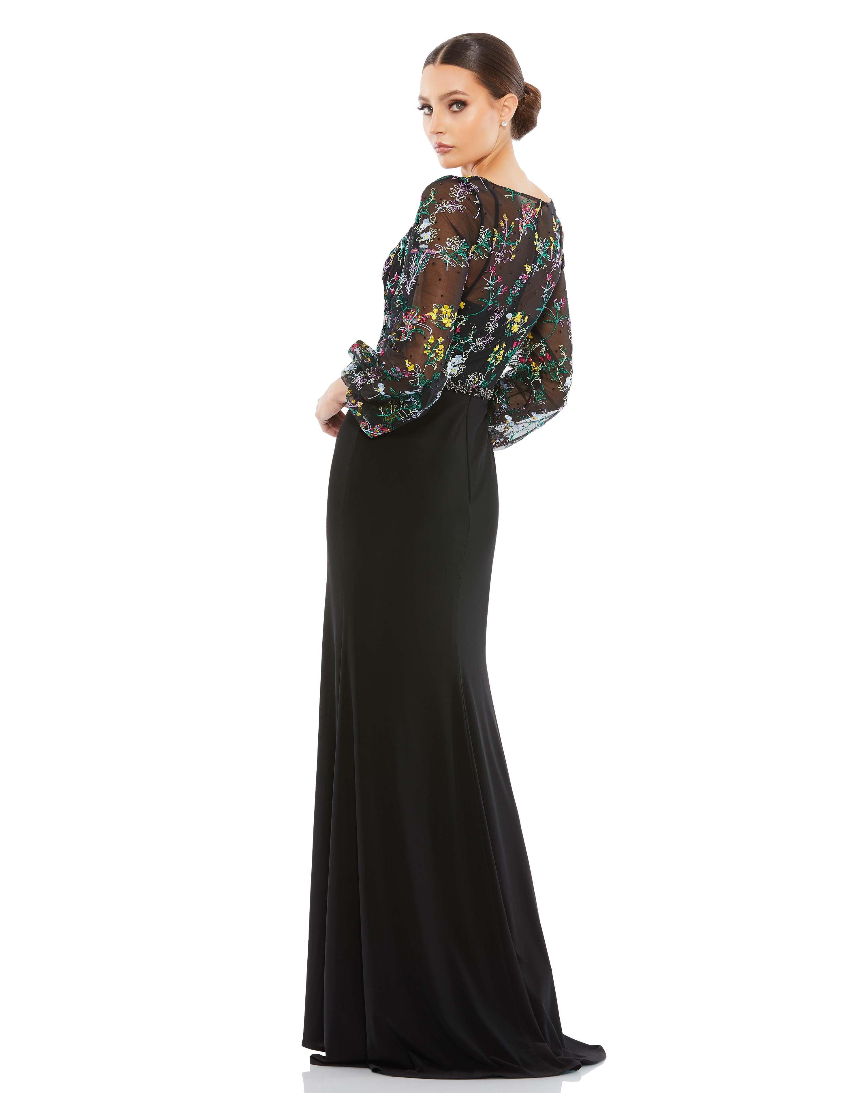 Embroidered Illusion Puff Sleeve Column Gown