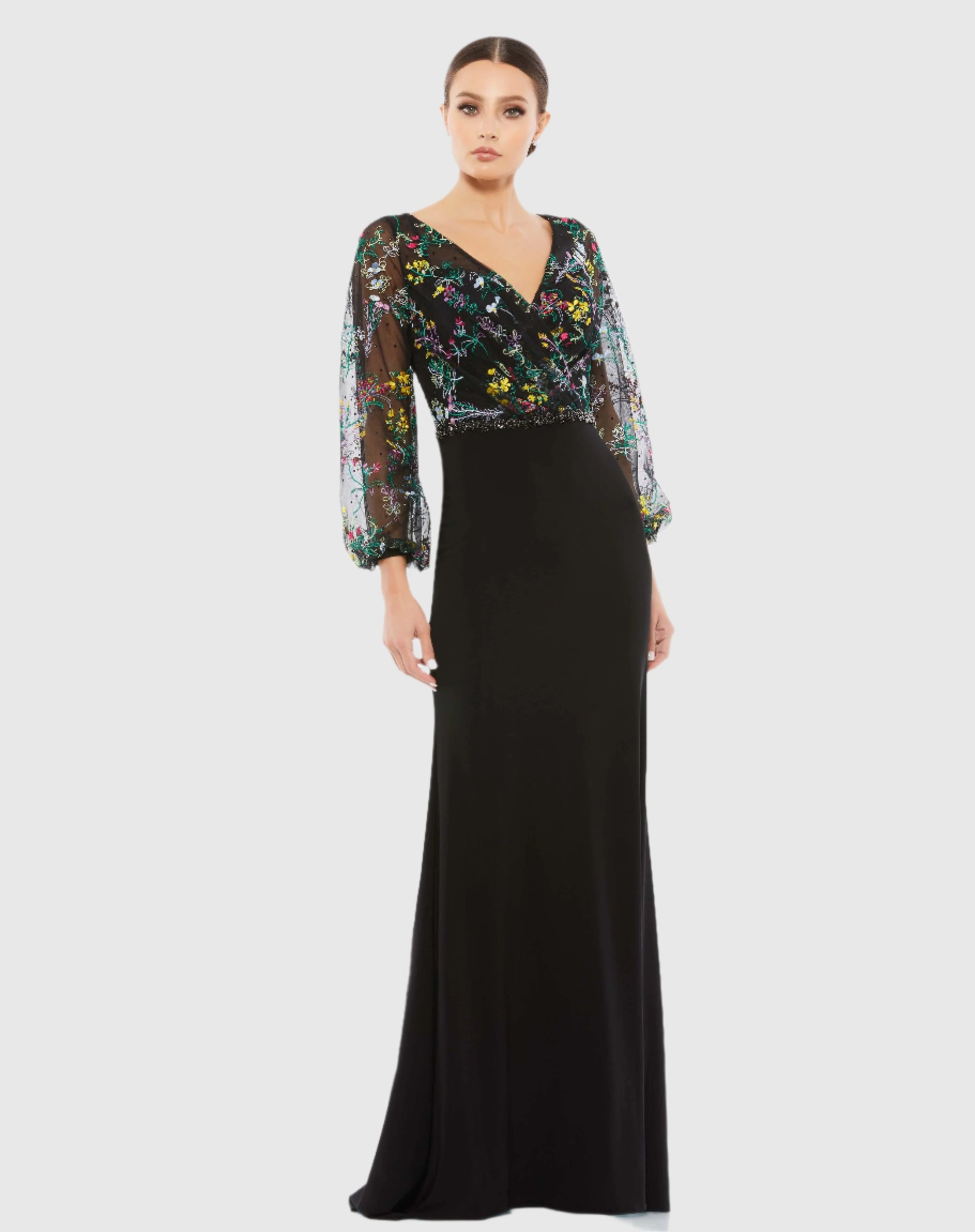 Embroidered Illusion Puff Sleeve Column Gown