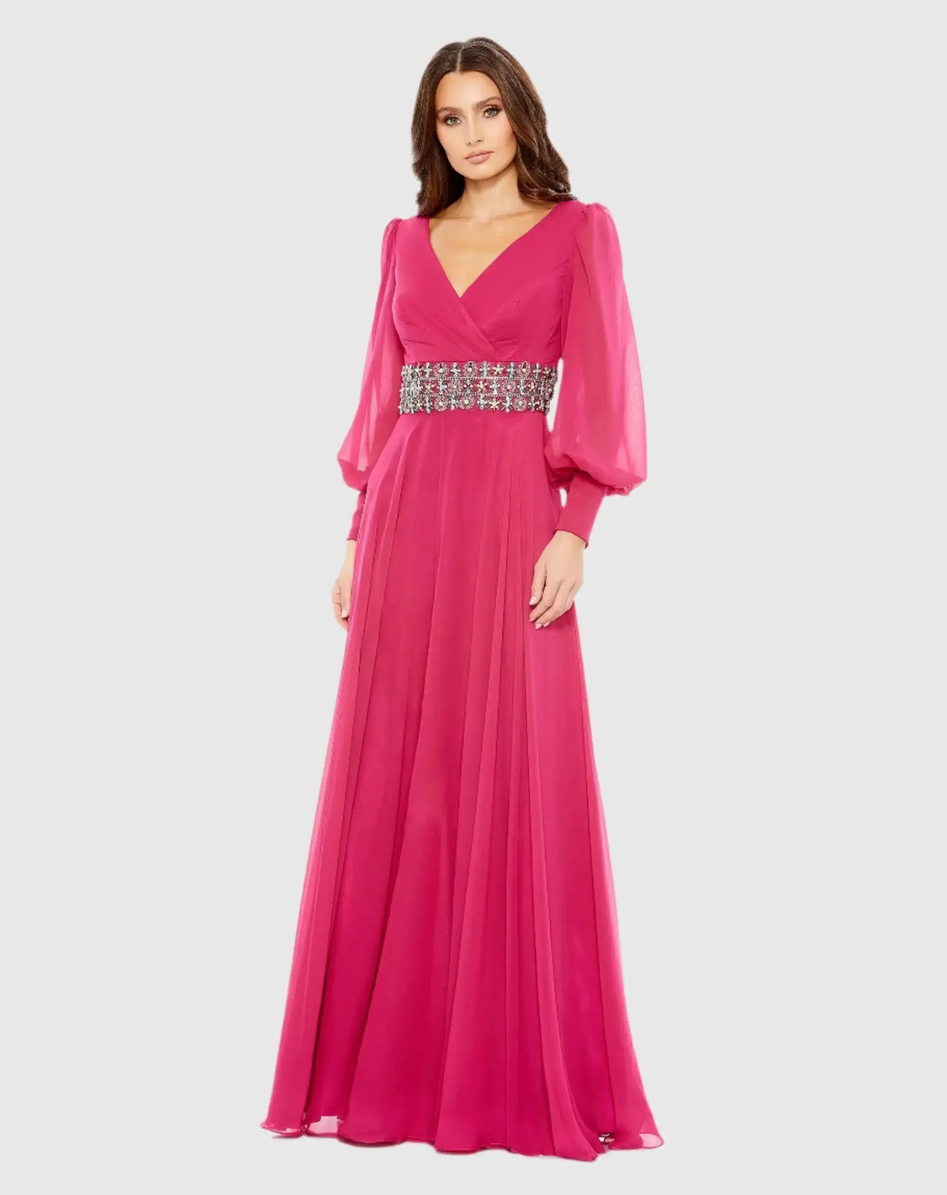 Mac Duggal Women's Bishop Sleeve Wrap Over Belt Detail Flowy Gown - Cranberry Mac Duggal Women's Bishop Sleeve Wrap Over Belt Detail Flowy Gown - Cranberry