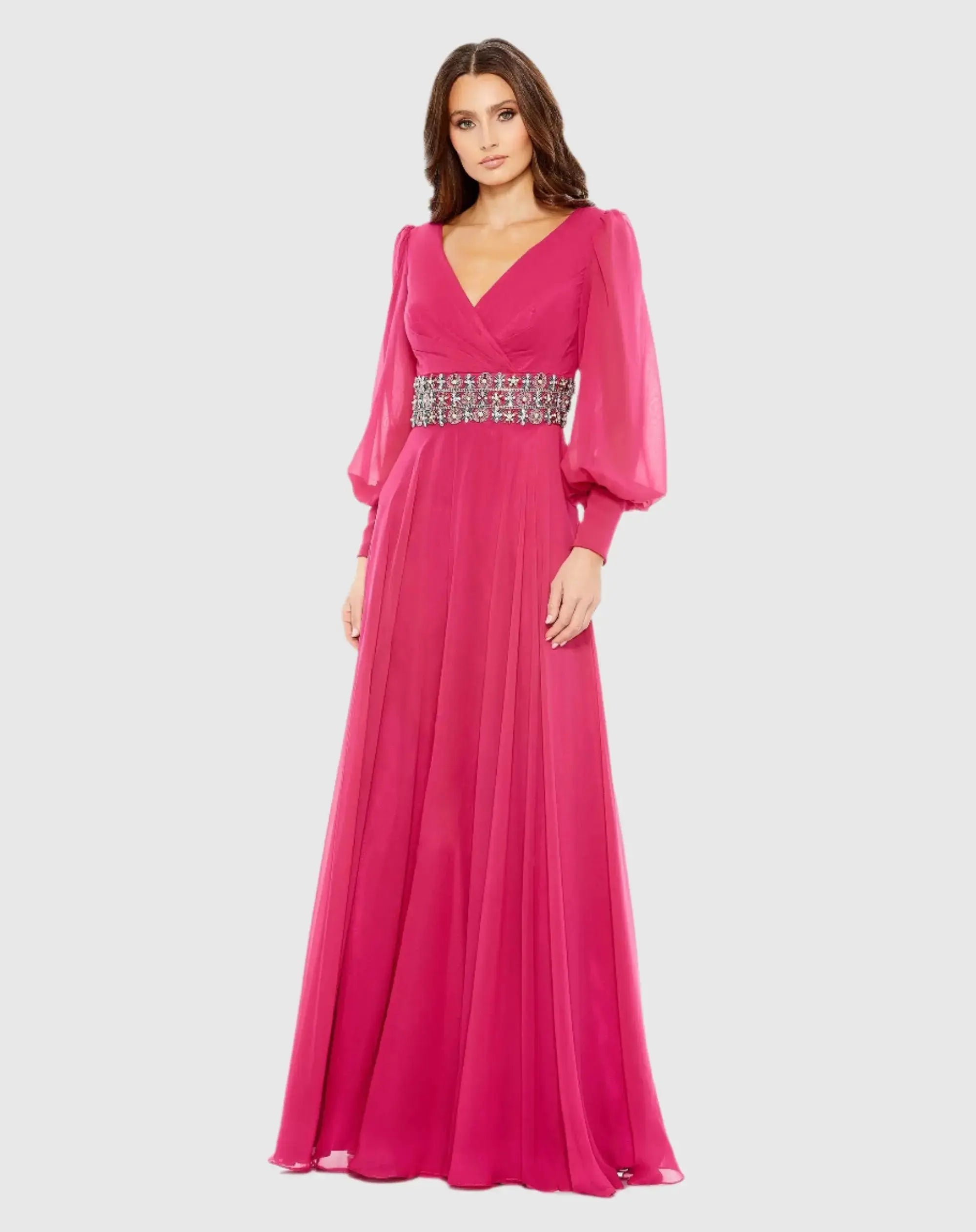 Bishop Sleeve Wrap Over Belt Detail Flowy Gown - Mac Duggal