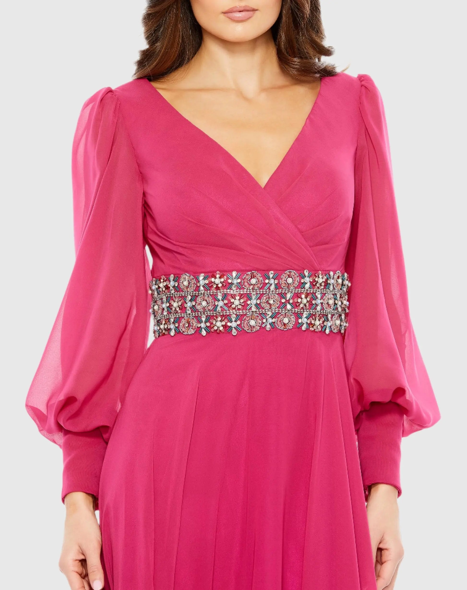 Mac Duggal Women's Bishop Sleeve Wrap Over Belt Detail Flowy Gown - Cranberry Mac Duggal Women's Bishop Sleeve Wrap Over Belt Detail Flowy Gown - Cranberry