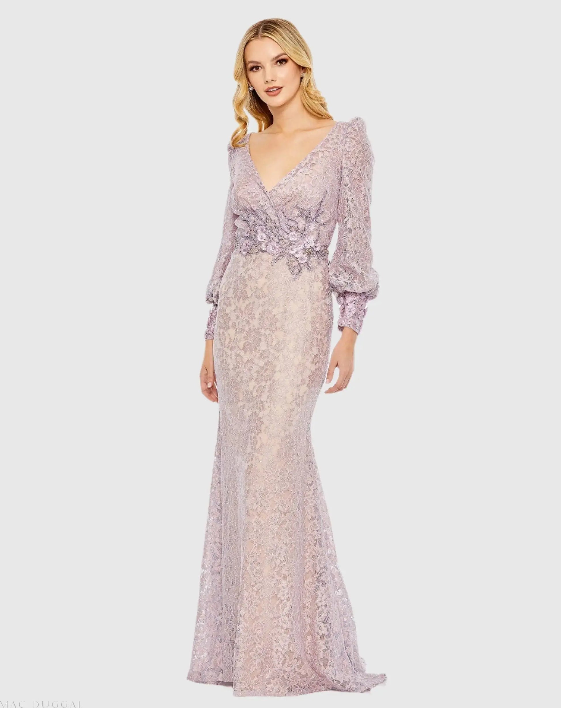 Purple Lace Long Sleeve V Neck Embellished Gown - Mac Duggal