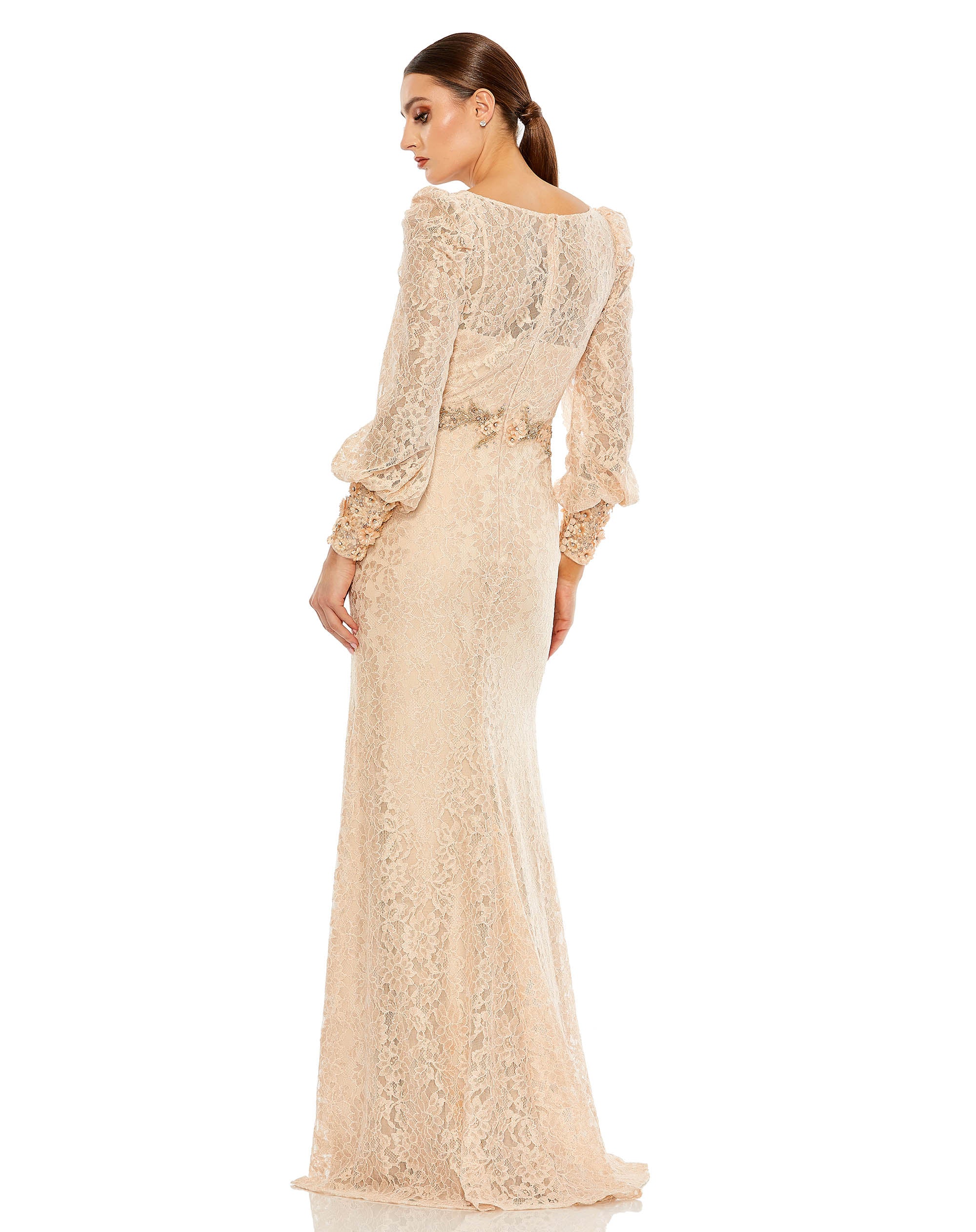 Lace Long Sleeve V Neck Embellished Gown