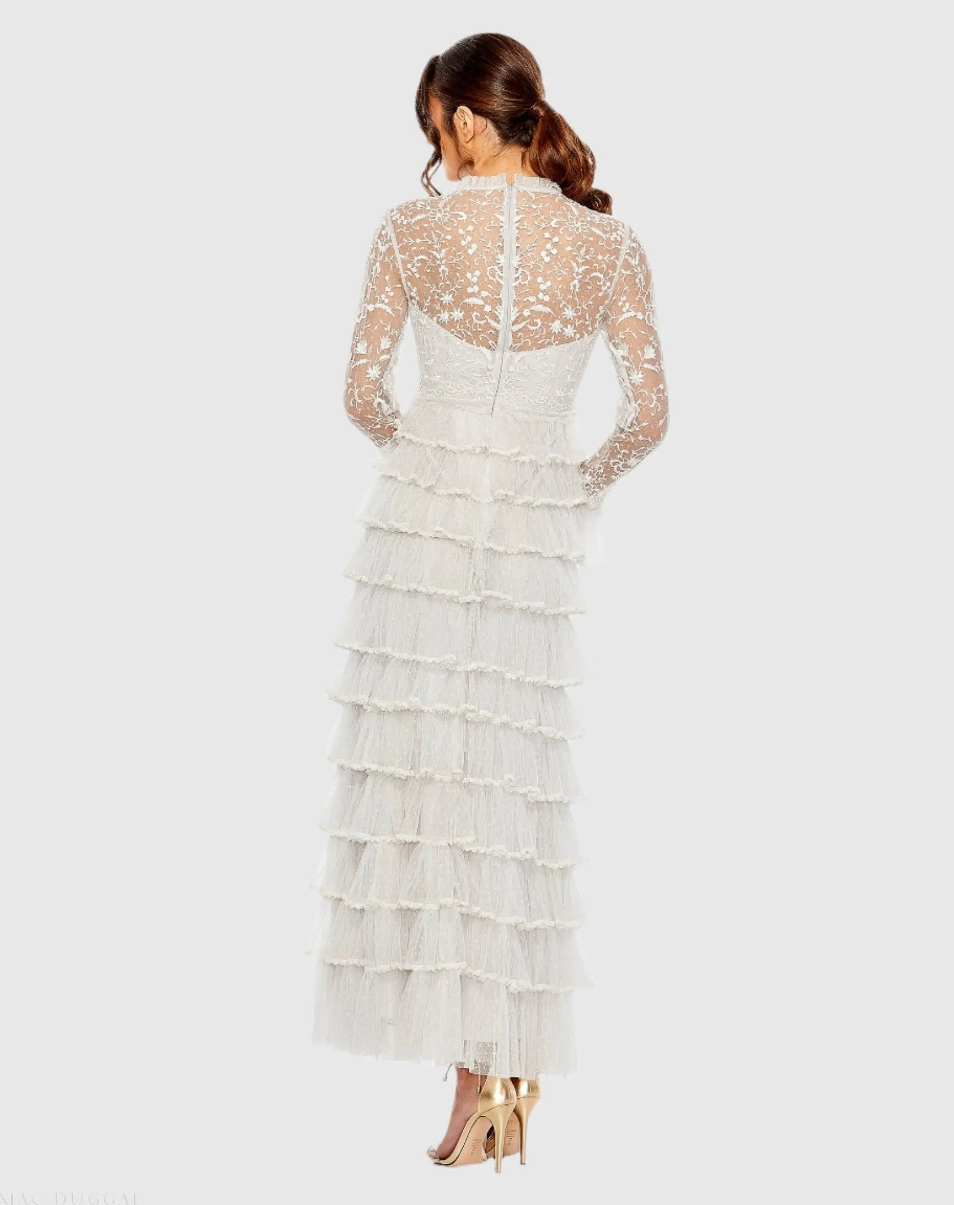 White Embroidered Long Sleeve Ruffled Tiered Dress - Mac Duggal