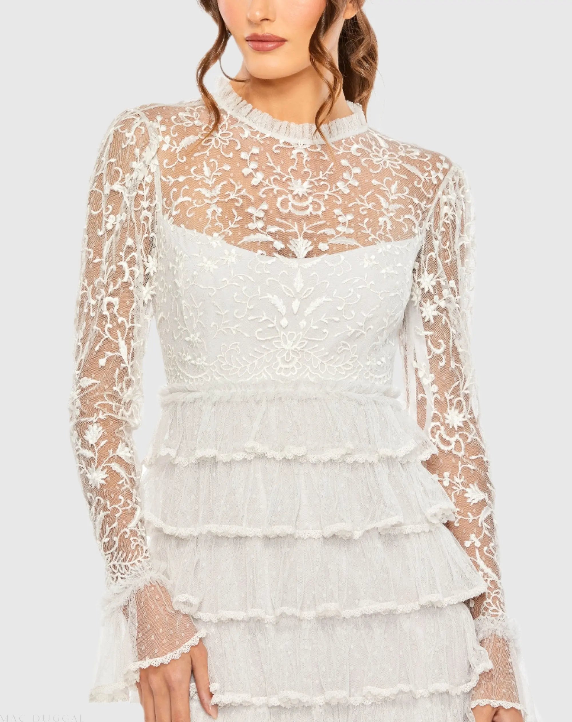 White Embroidered Long Sleeve Ruffled Tiered Dress - Mac Duggal