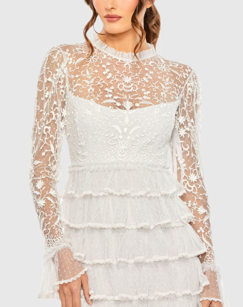 White Embroidered Long Sleeve Ruffled Tiered Dress