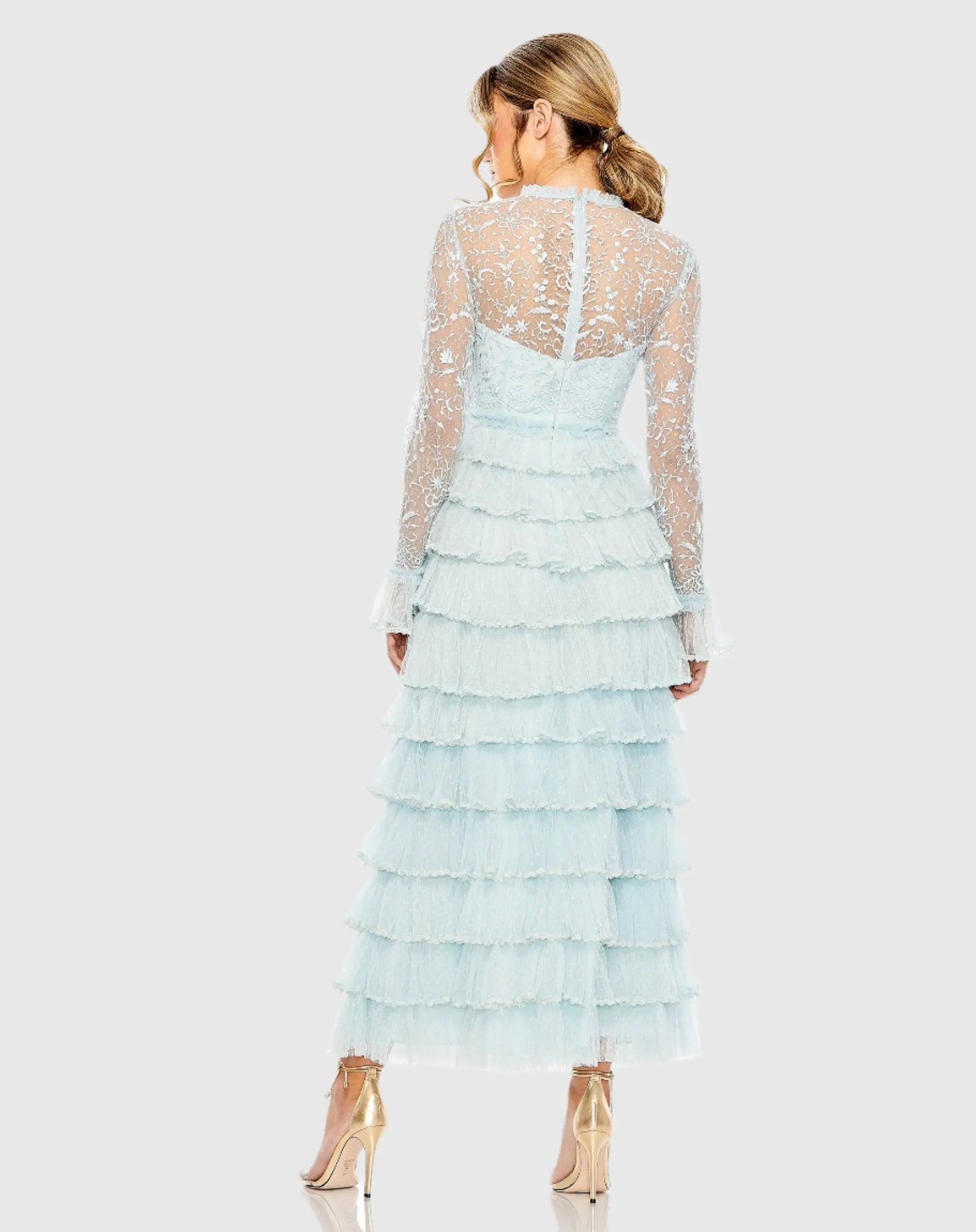 Blue Embroidered Long Sleeve Ruffled Tiered Dress - Mac Duggal