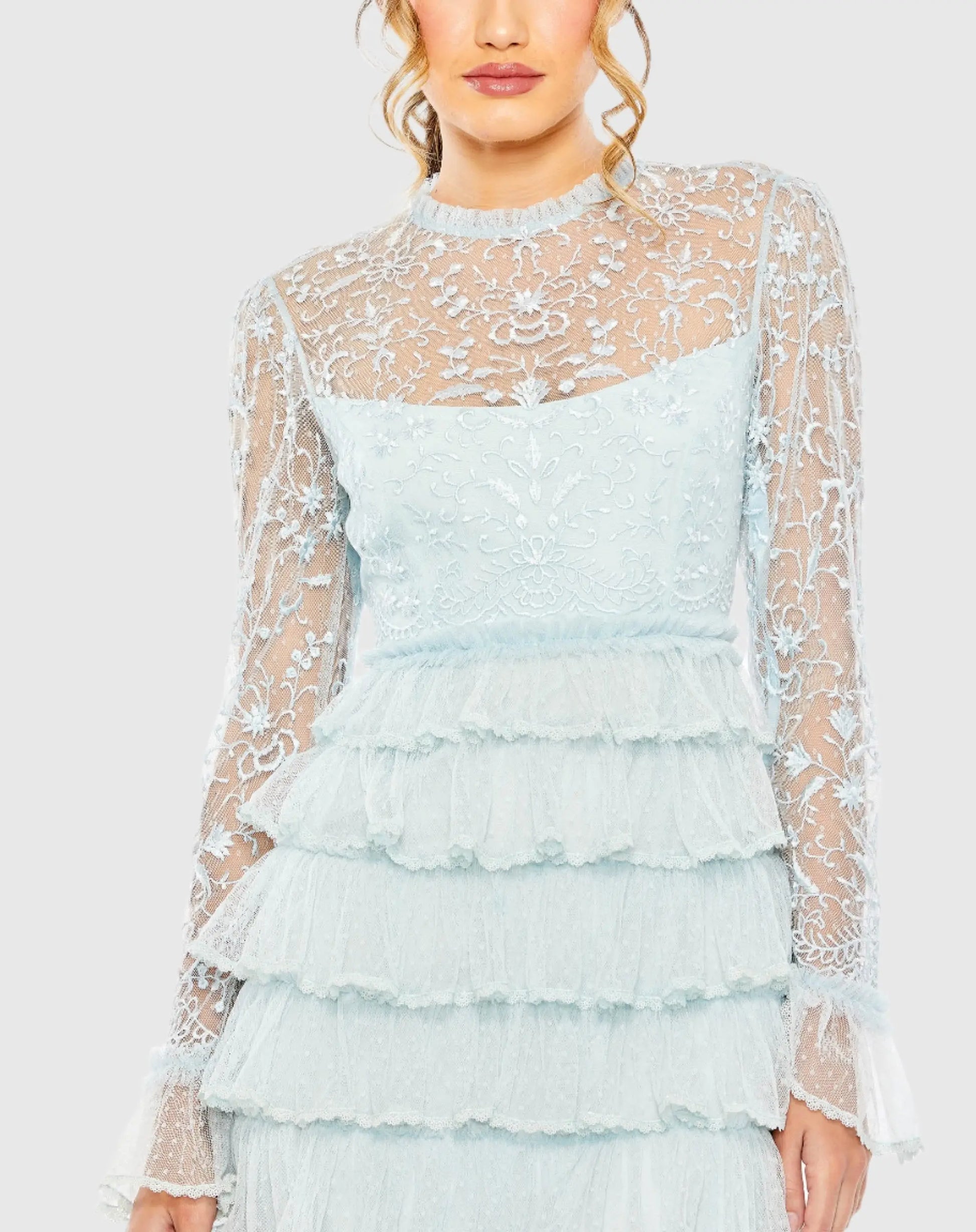 Blue Embroidered Long Sleeve Ruffled Tiered Dress - Mac Duggal Blue Embroidered Long Sleeve Ruffled Tiered Dress - Mac Duggal