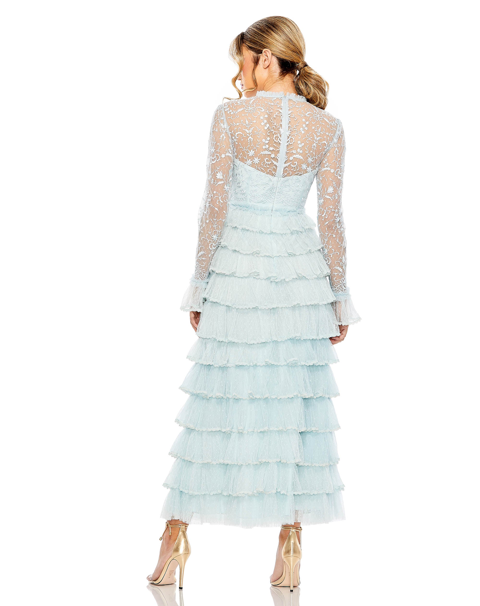 Embroidered Long Sleeve Ruffled Tiered Dress
