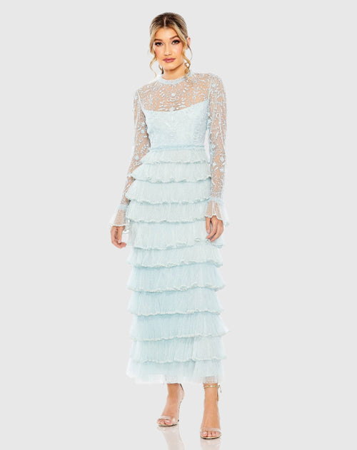 Embroidered Long Sleeve Ruffled Tiered Dress