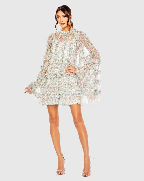 Green White Floral Print Long Flare Sleeve Mesh A-Line Dress