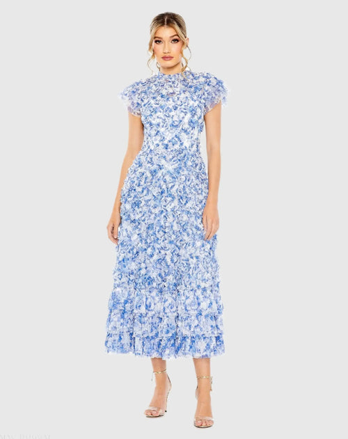 Blue High Neck Ruffle Cap Sleeve Floral Dress - Mac Duggal