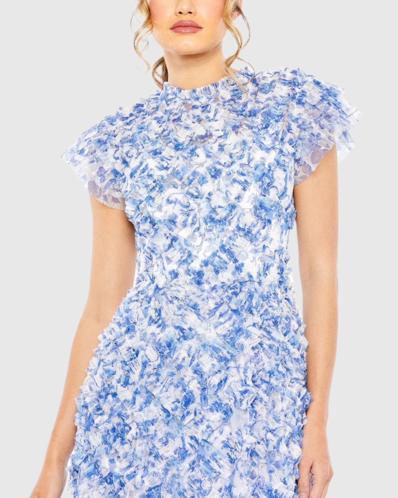 Blue High Neck Ruffle Cap Sleeve Floral Dress