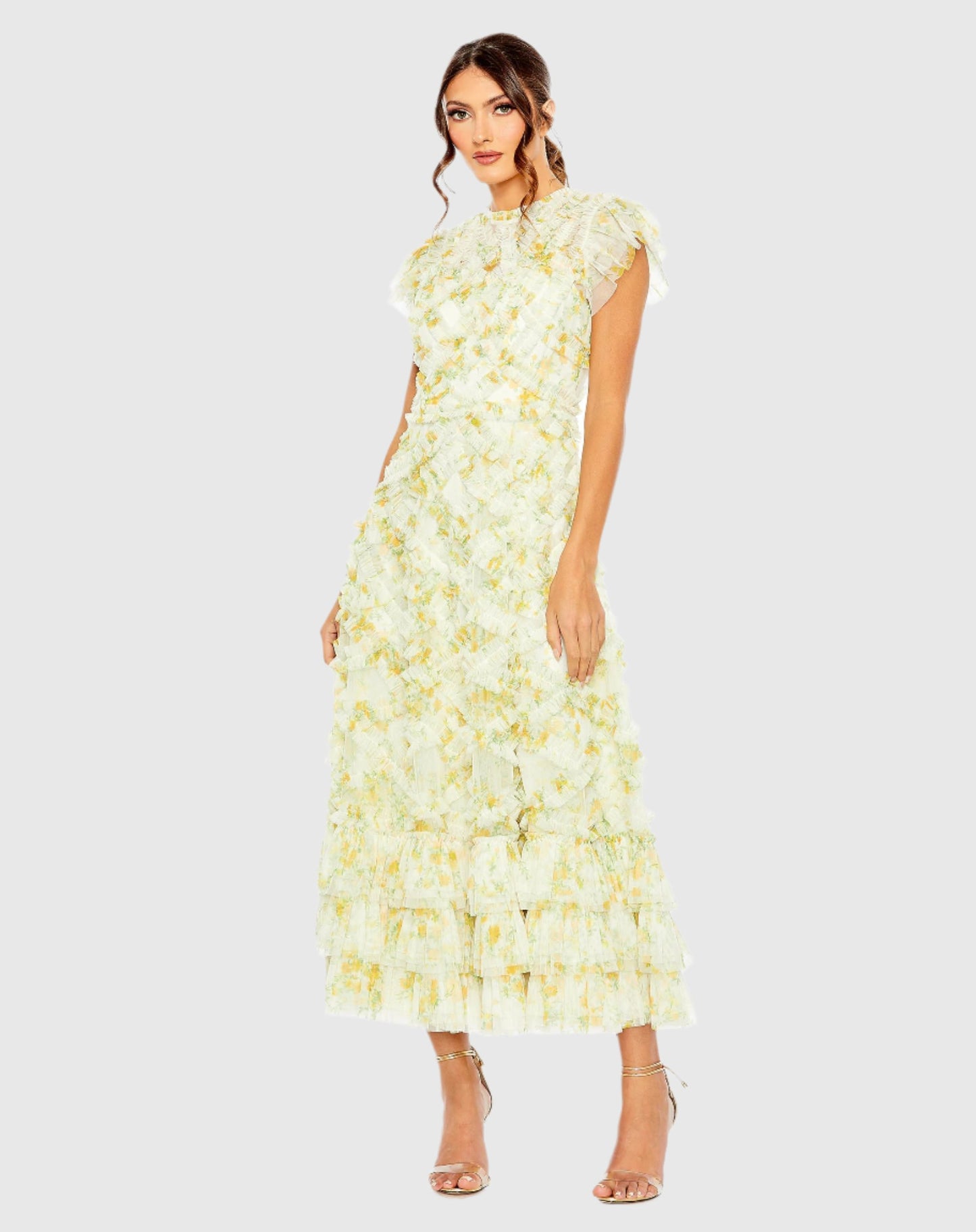 High Neck Ruffle Cap Sleeve Floral Dress