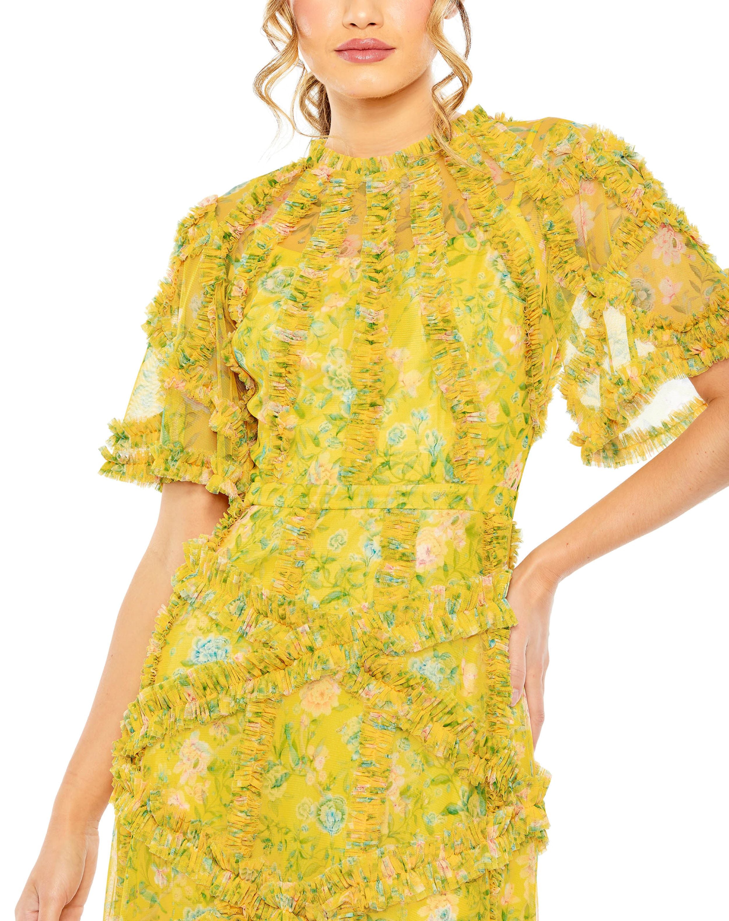 Floral Flutter Sleeve Mesh Print Dress