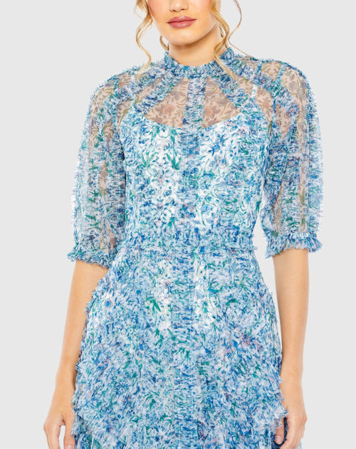 Mesh Puff Sleeve Floral Print Dress