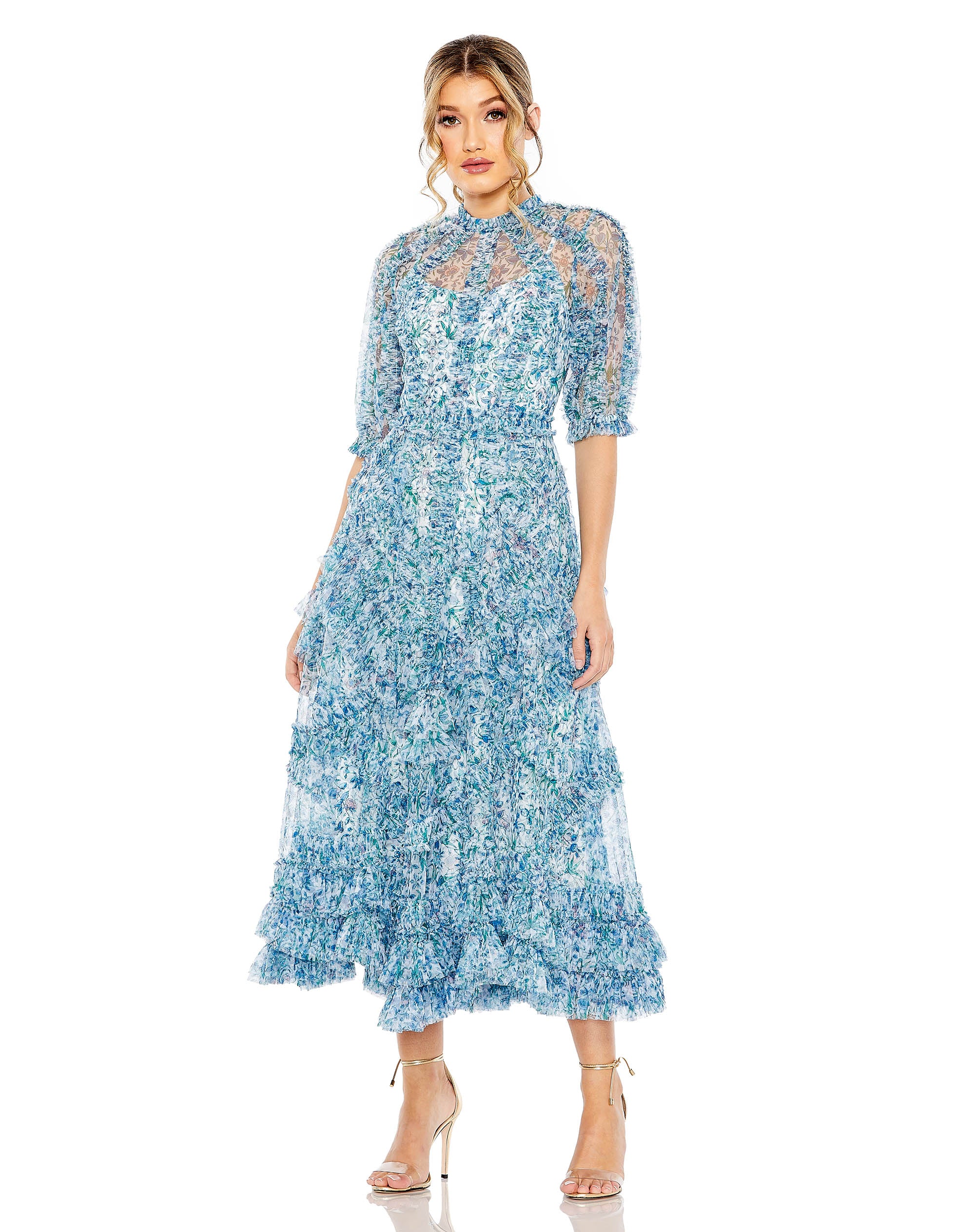 Mesh Puff Sleeve Floral Print Dress – Mac Duggal